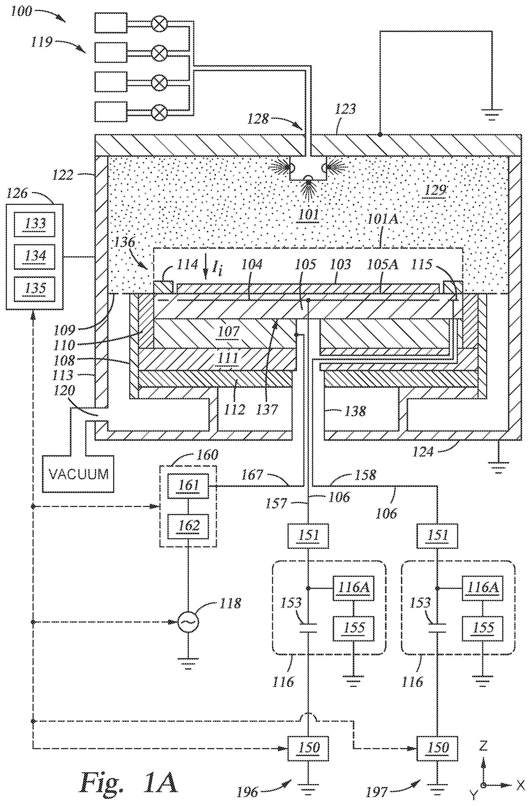 Patent US11776789 Figure 1 – Plasma processing assembly using pulsed-voltage and radio-frequency power