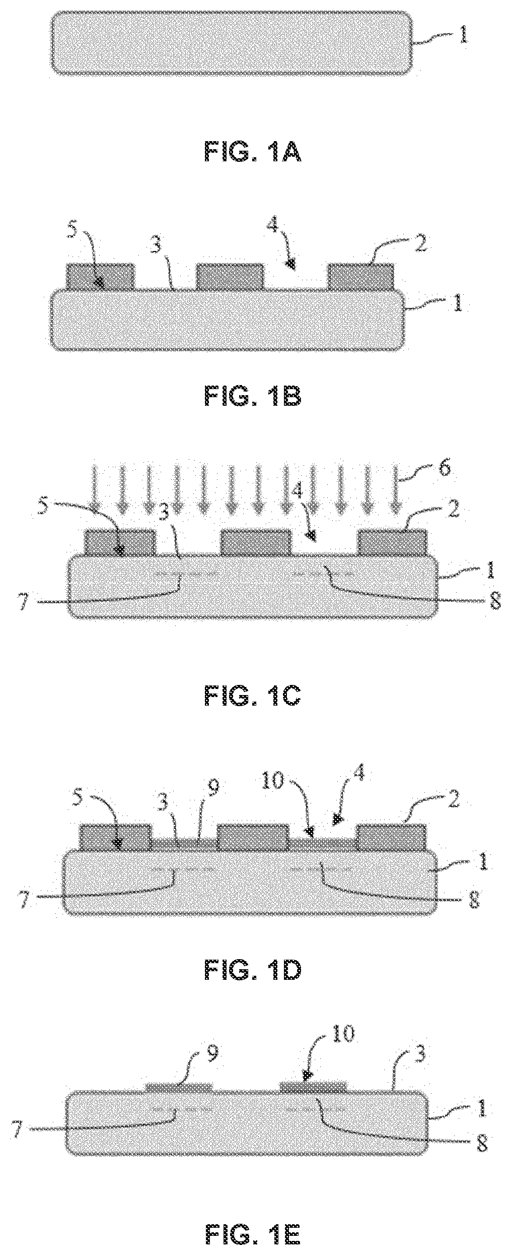 Patent US11776843 Figure 1 – Method for transferring blocks from a donor substrate onto a receiver substrate by implanting ions in the donor substrate through a mask, bonding the donor substrate to the receiver substrate, and detaching the donor substrate along an embrittlement plane