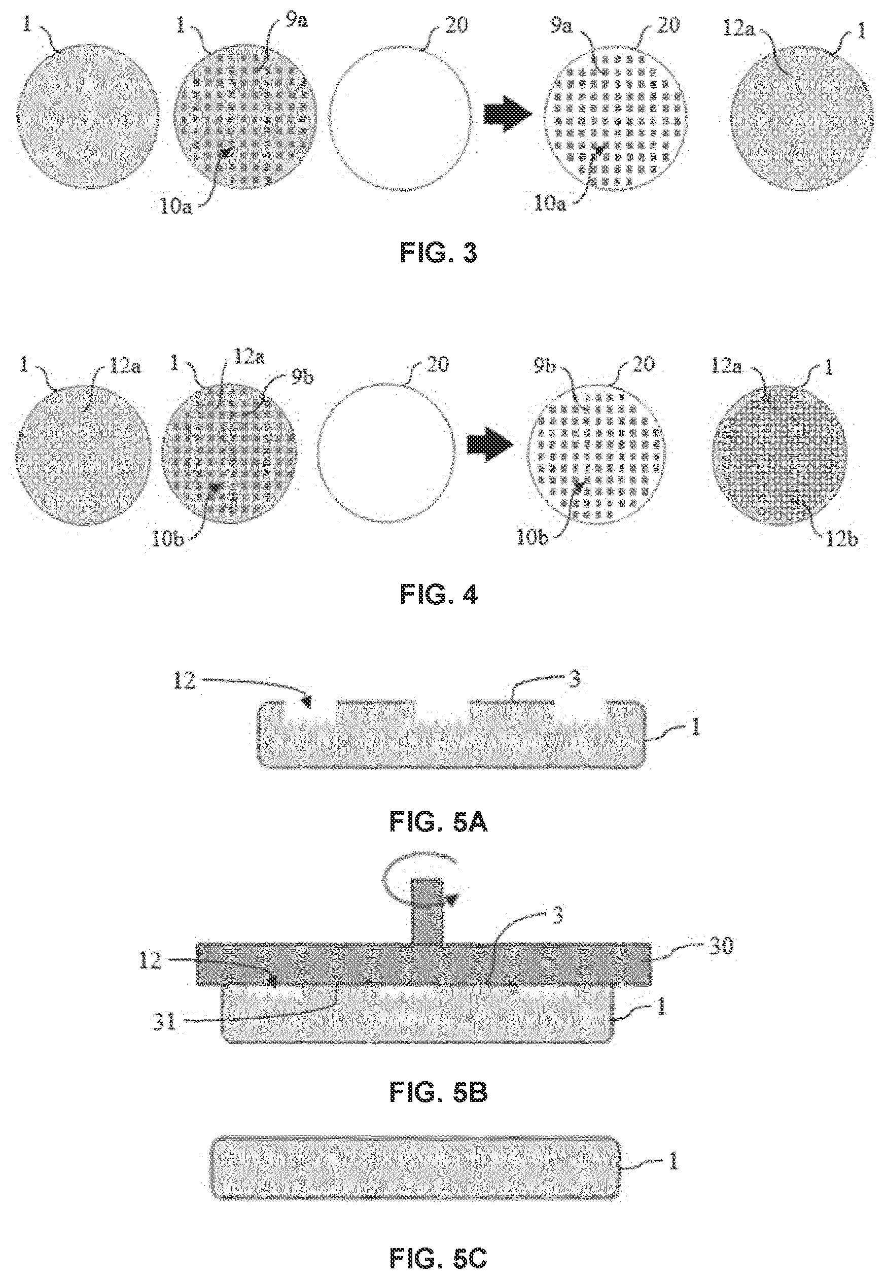 Patent US11776843 Figure 4 – Method for transferring blocks from a donor substrate onto a receiver substrate by implanting ions in the donor substrate through a mask, bonding the donor substrate to the receiver substrate, and detaching the donor substrate along an embrittlement plane