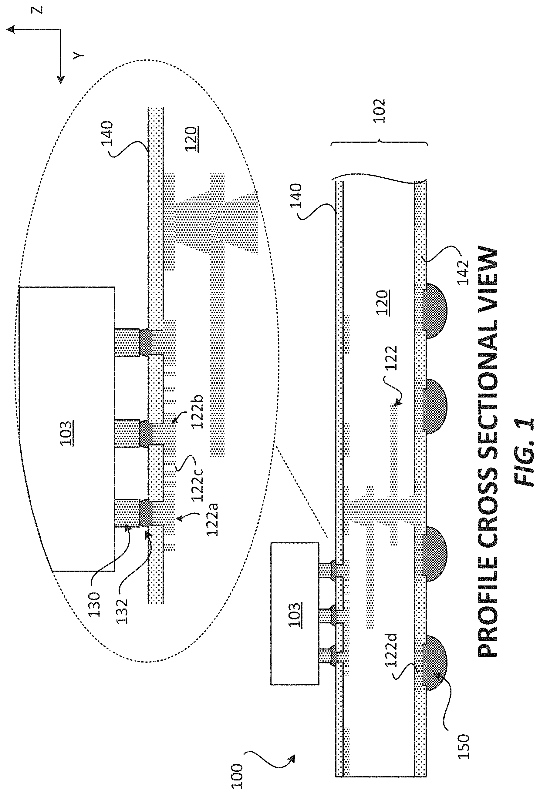 Patent US11776888 Figure 1 – Package with a substrate comprising protruding pad interconnects