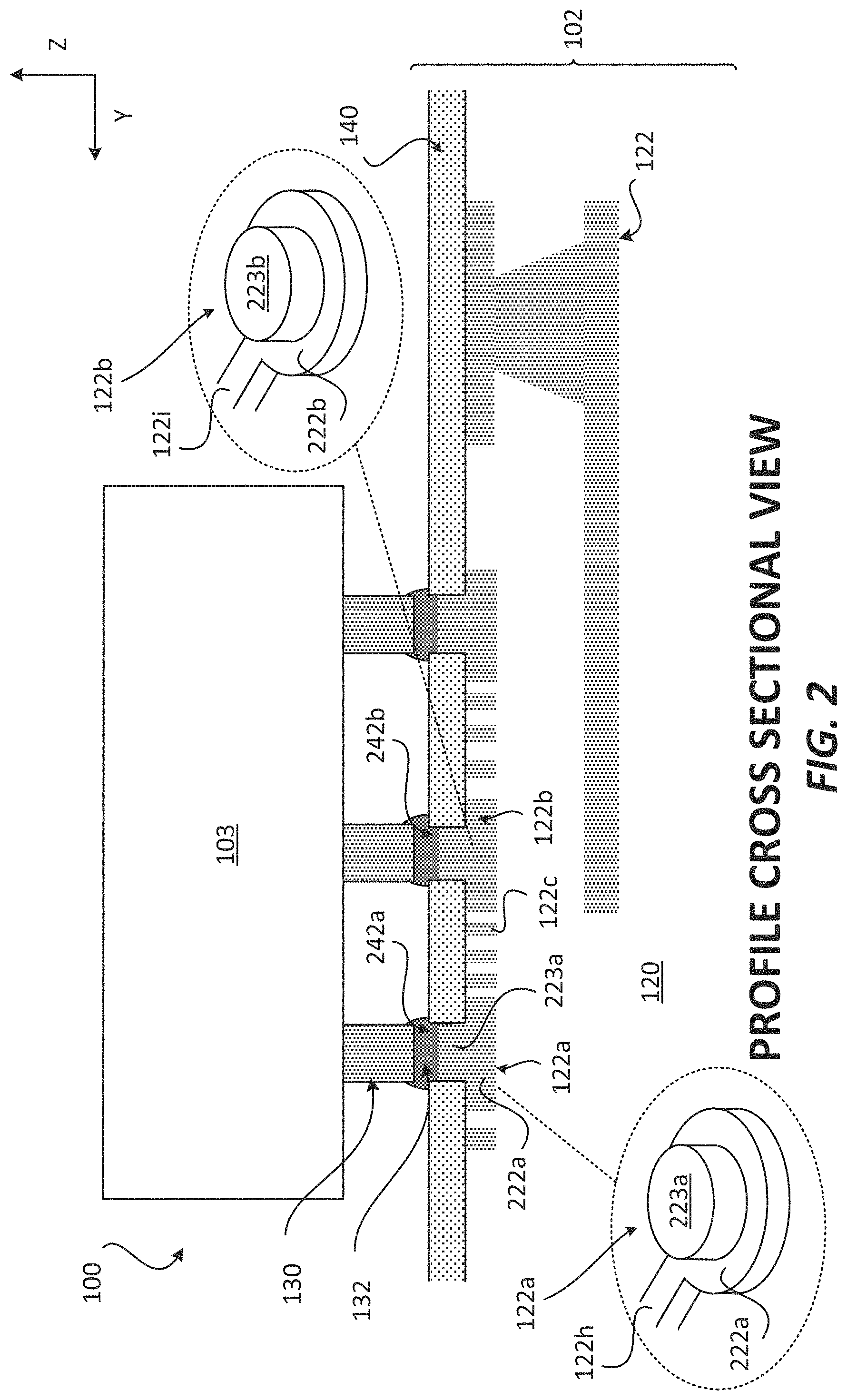 Patent US11776888 Figure 2 – Package with a substrate comprising protruding pad interconnects