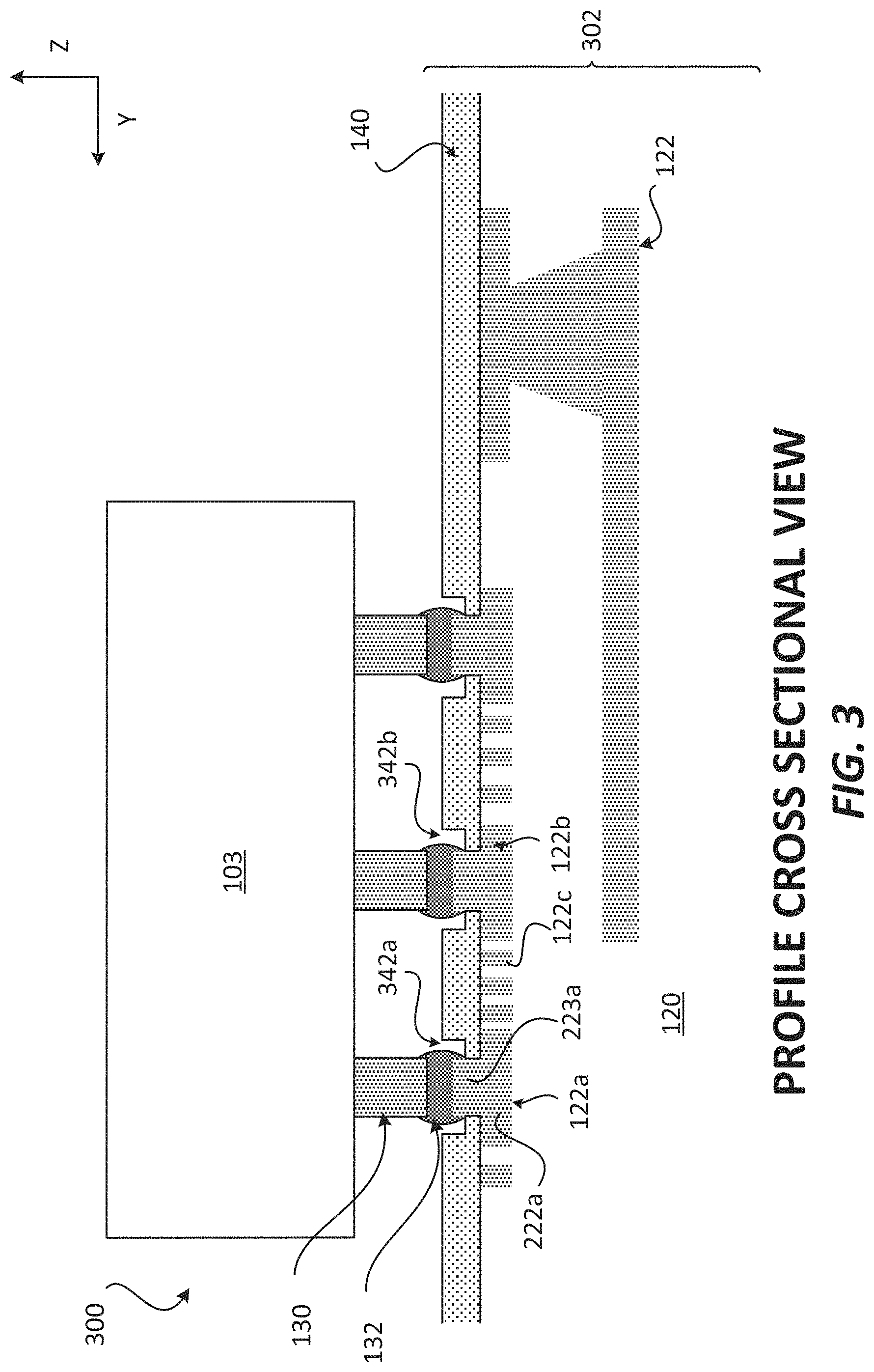 Patent US11776888 Figure 3 – Package with a substrate comprising protruding pad interconnects