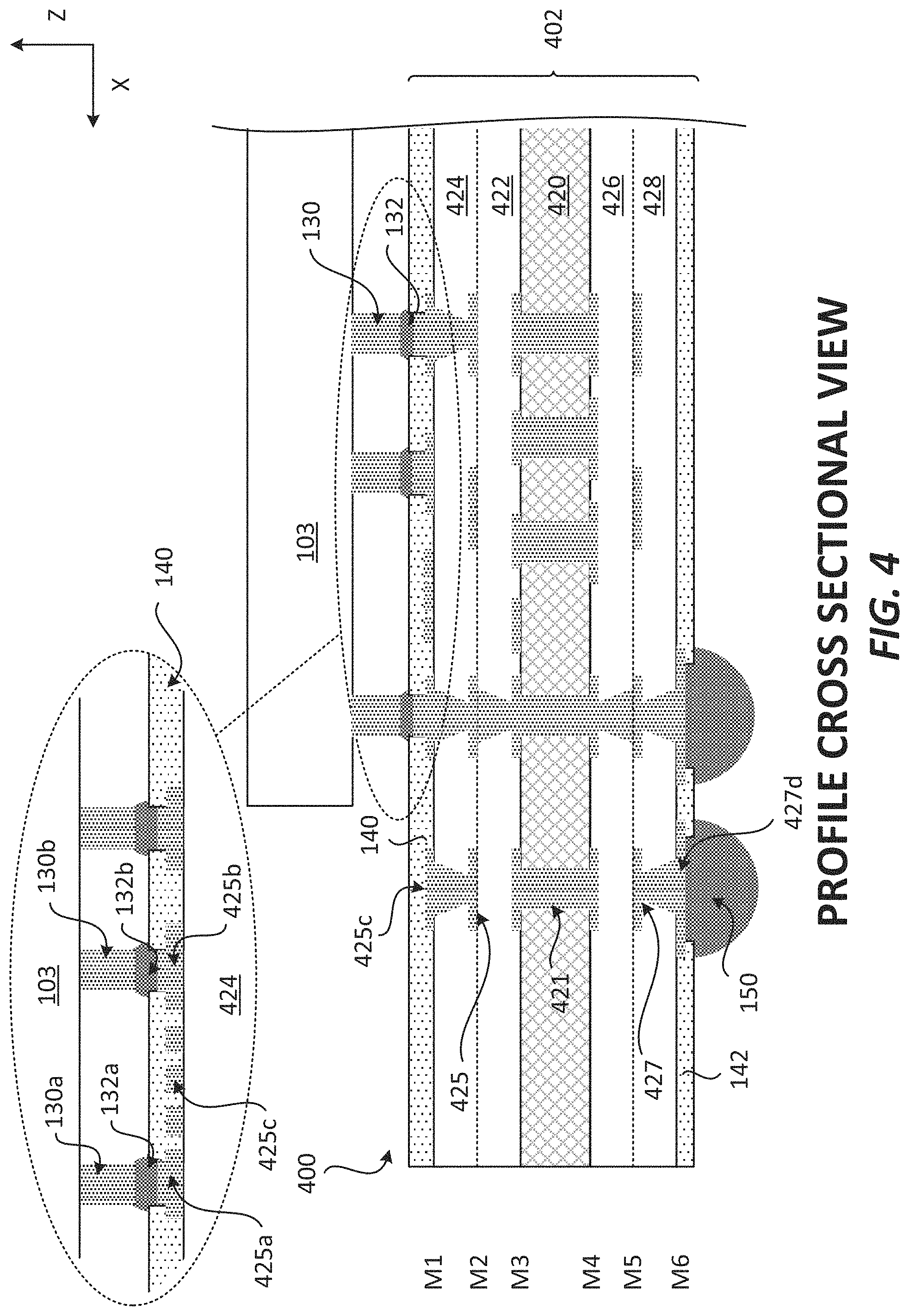 Patent US11776888 Figure 4 – Package with a substrate comprising protruding pad interconnects