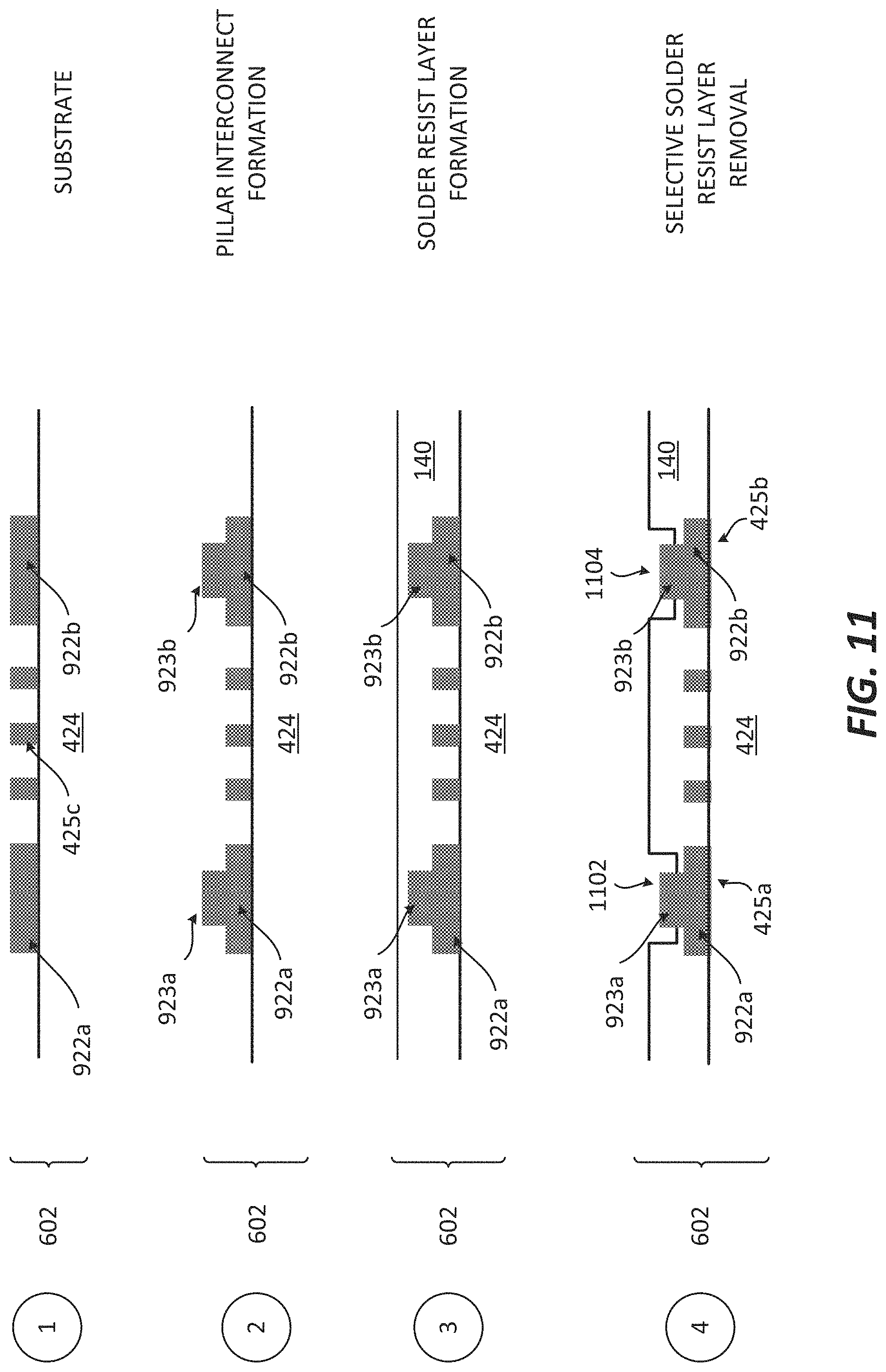 Patent US11776888 Figure 11 – Package with a substrate comprising protruding pad interconnects