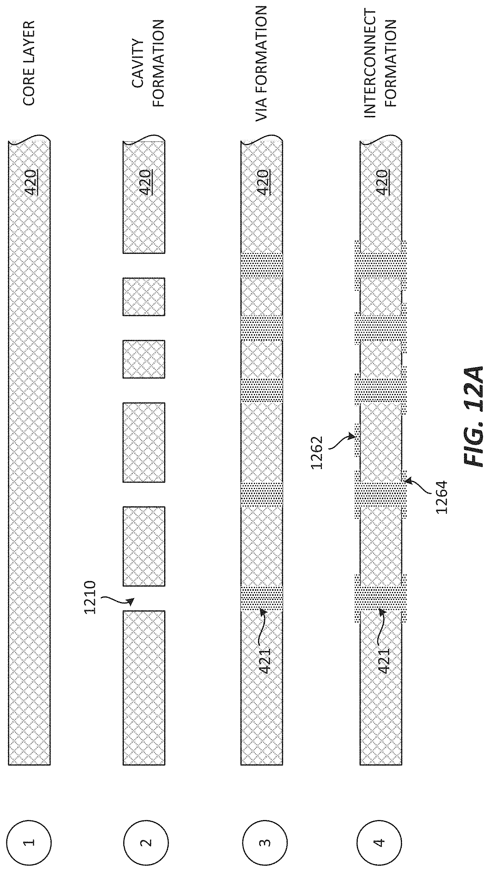 Patent US11776888 Figure 12 – Package with a substrate comprising protruding pad interconnects