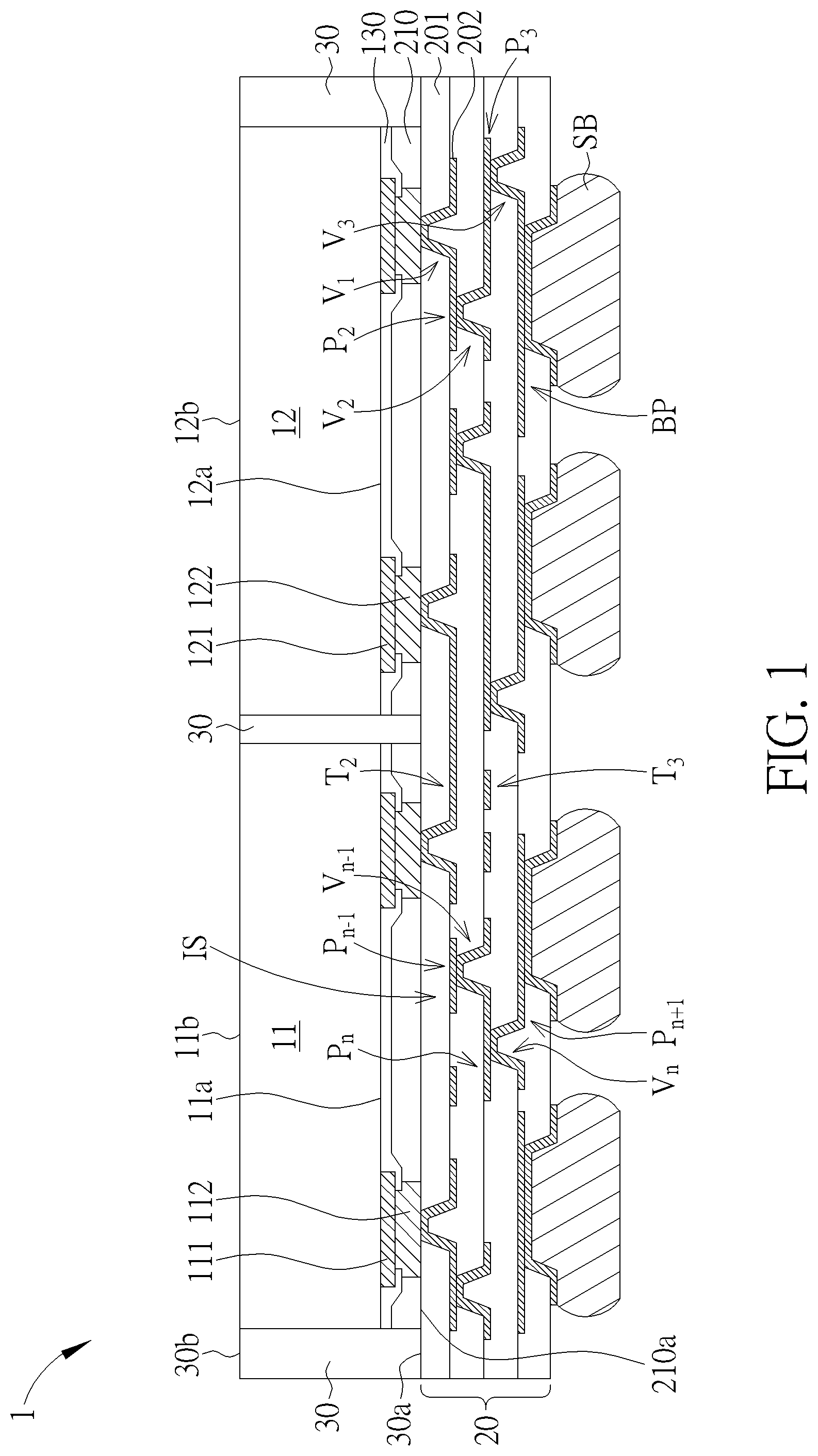 Patent US11776899 Figure 1 – Via array design for multi-layer redistribution circuit structure