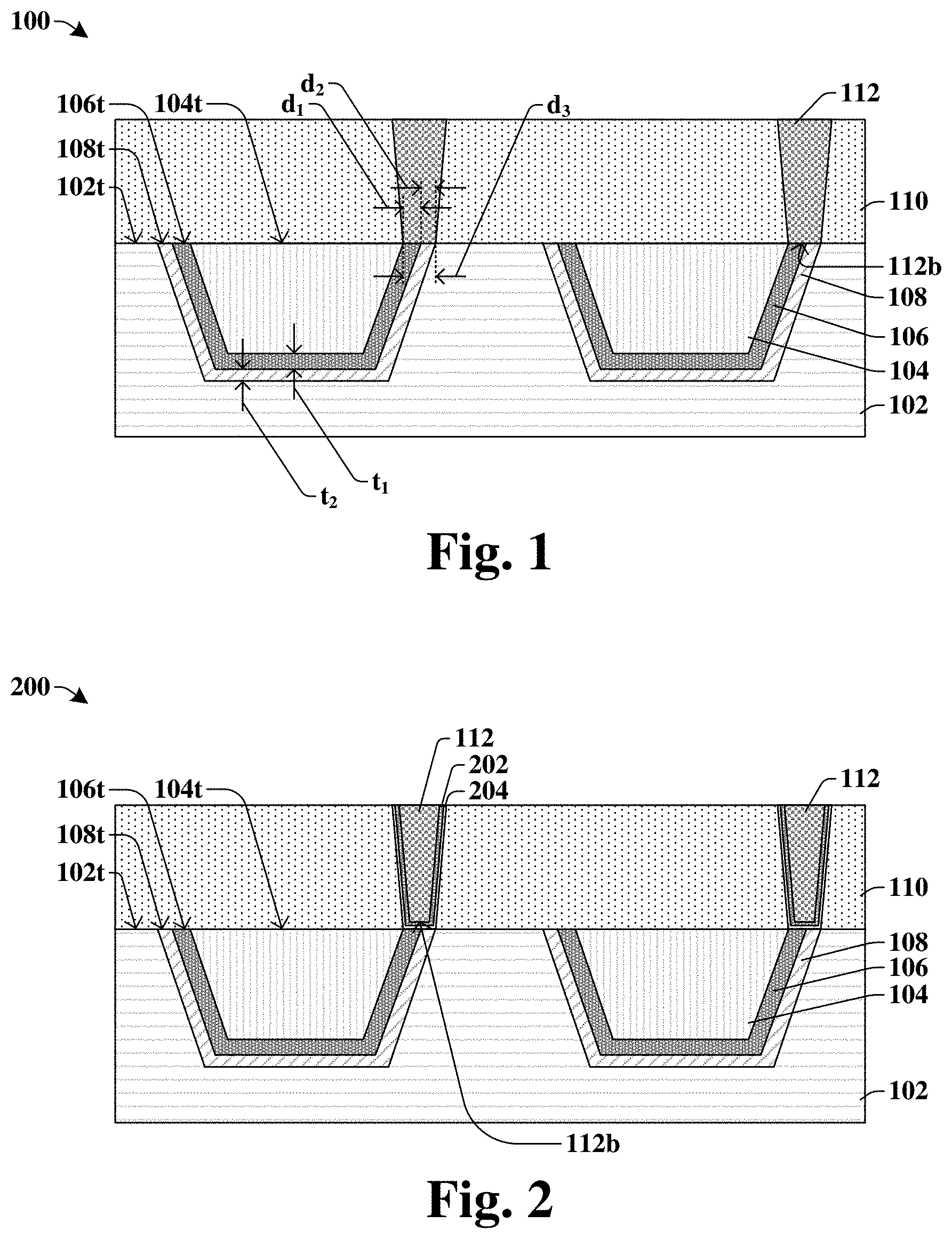 Patent US11776901 Figure 1 – Via landing on first and second barrier layers to reduce cleaning time of conductive structure