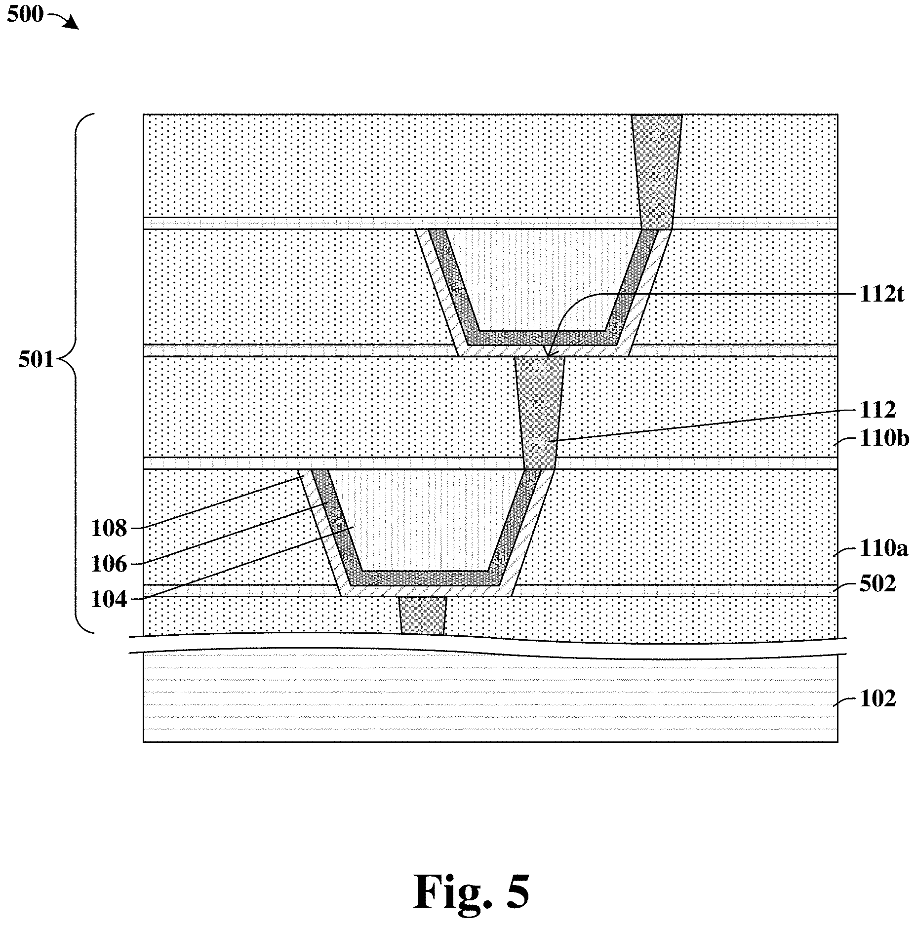 Patent US11776901 Figure 3 – Via landing on first and second barrier layers to reduce cleaning time of conductive structure