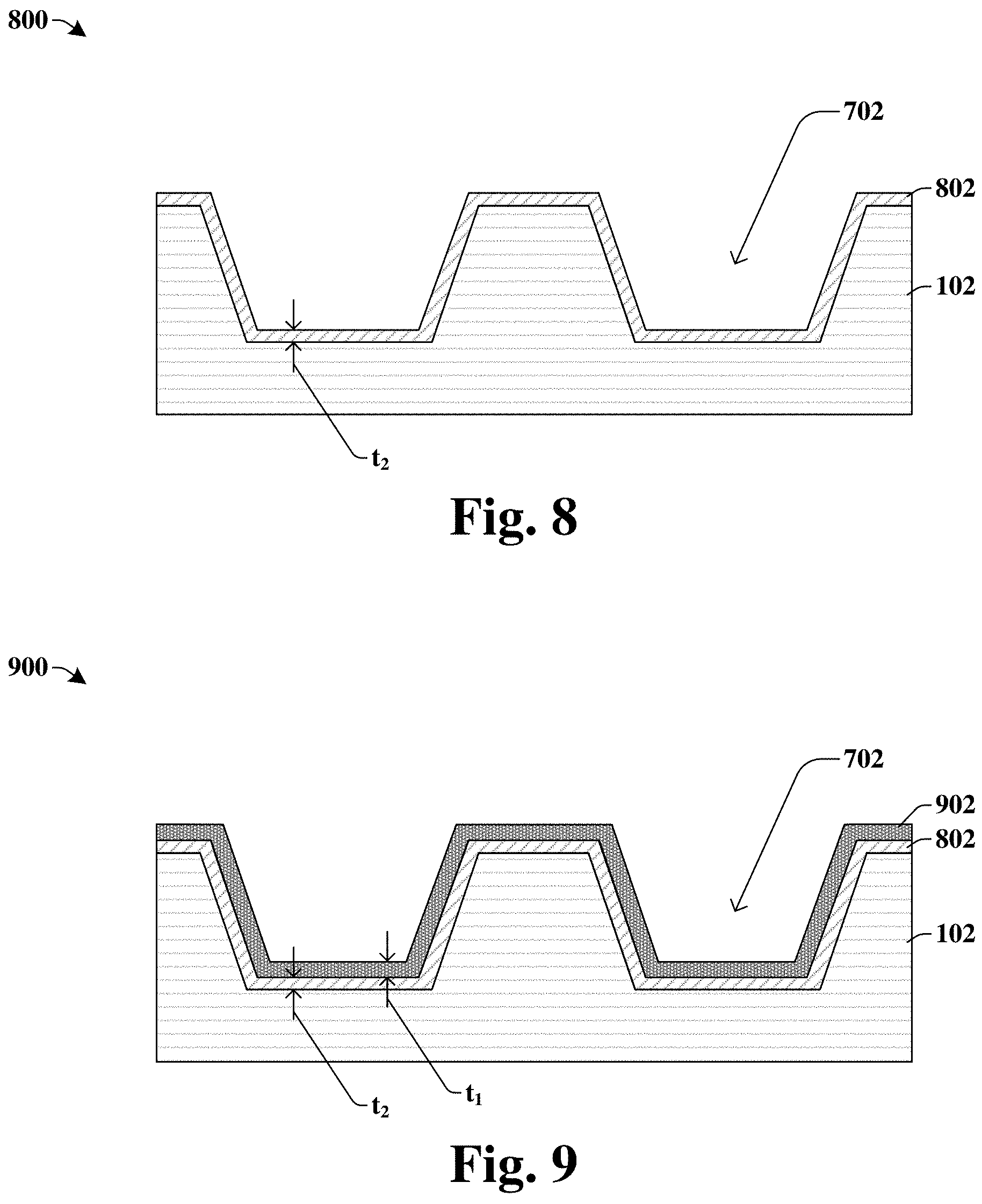 Patent US11776901 Figure 5 – Via landing on first and second barrier layers to reduce cleaning time of conductive structure