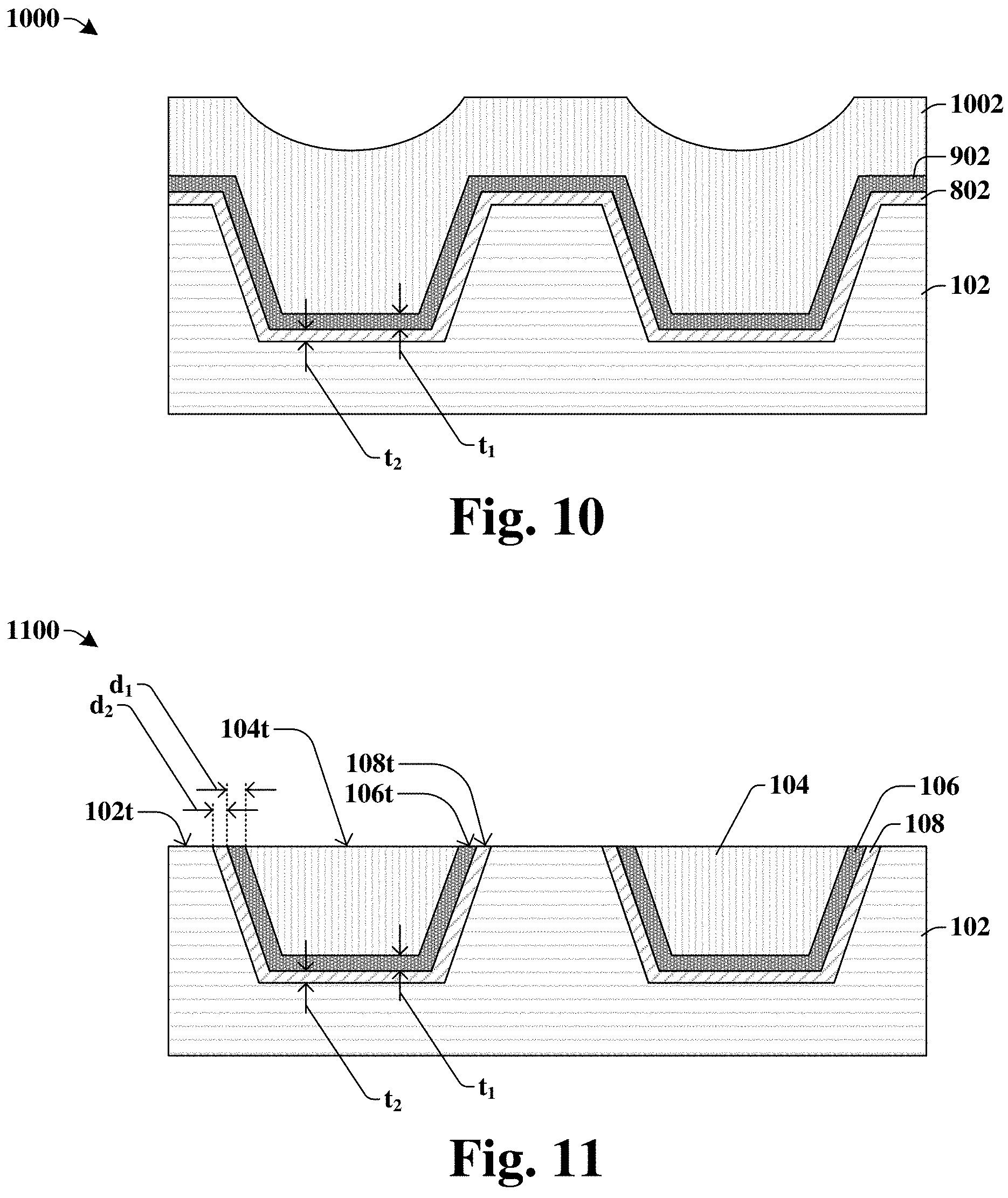 Patent US11776901 Figure 6 – Via landing on first and second barrier layers to reduce cleaning time of conductive structure