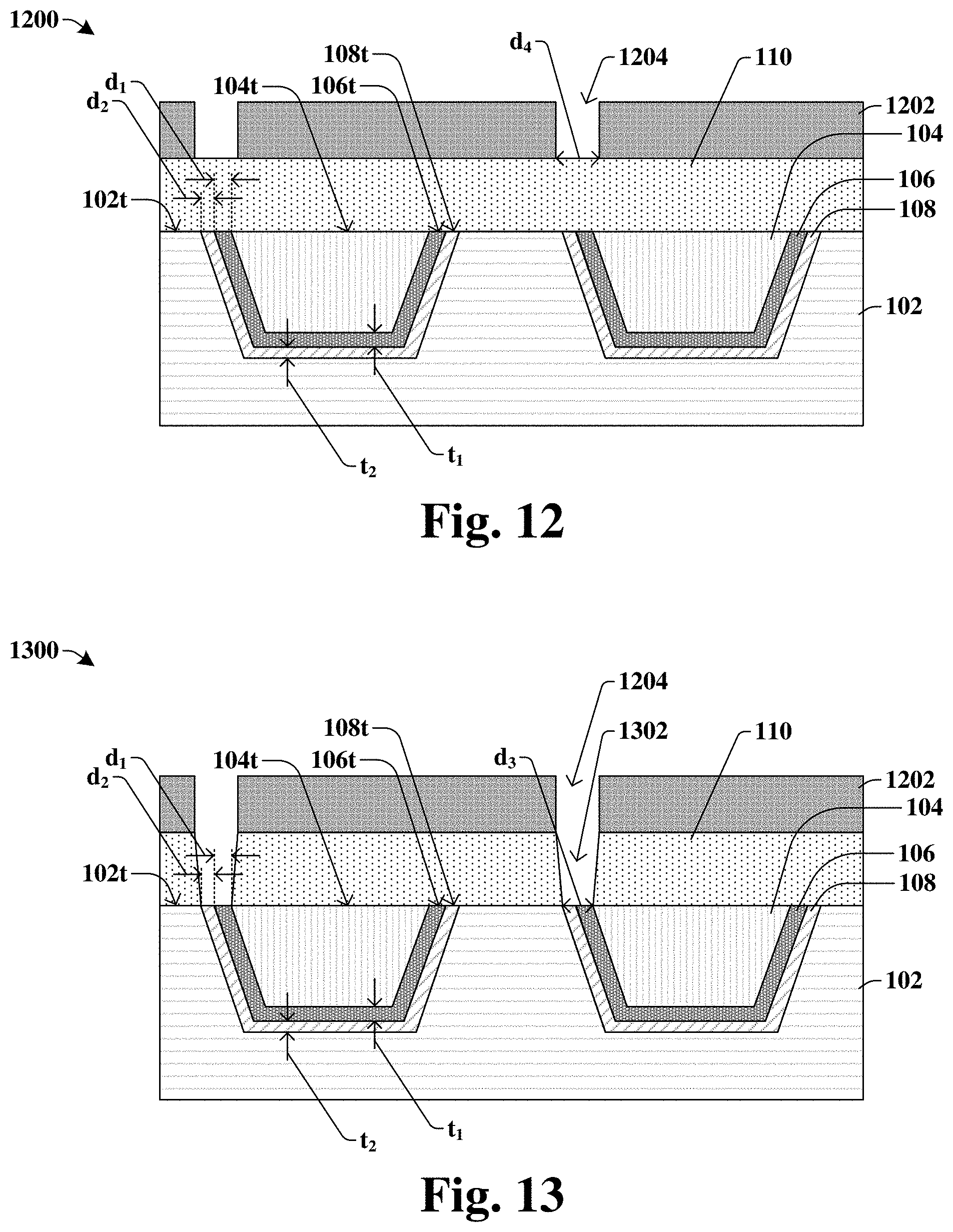 Patent US11776901 Figure 7 – Via landing on first and second barrier layers to reduce cleaning time of conductive structure
