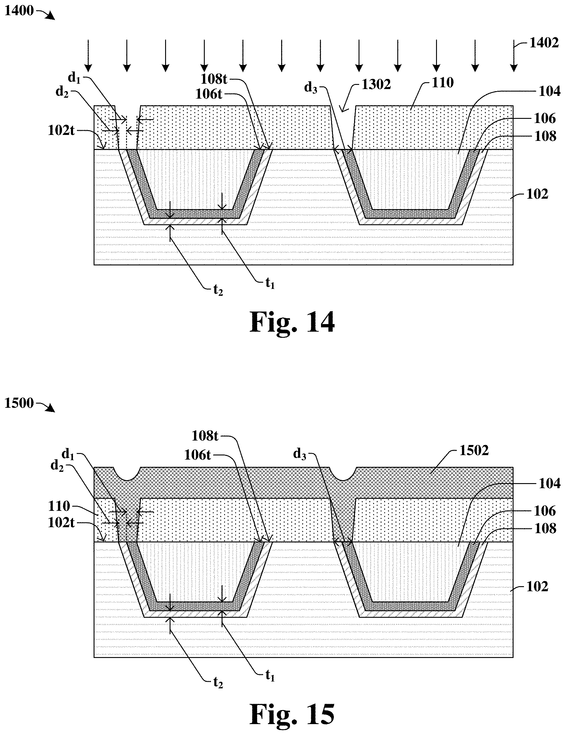 Patent US11776901 Figure 8 – Via landing on first and second barrier layers to reduce cleaning time of conductive structure