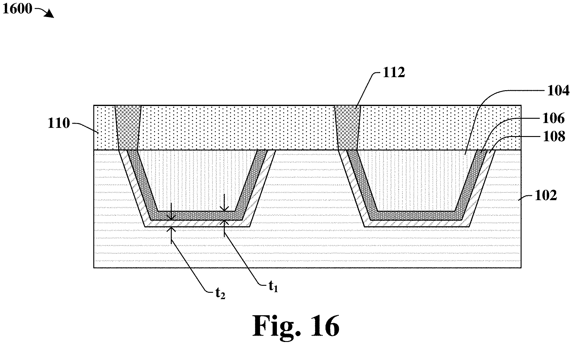 Patent US11776901 Figure 9 – Via landing on first and second barrier layers to reduce cleaning time of conductive structure