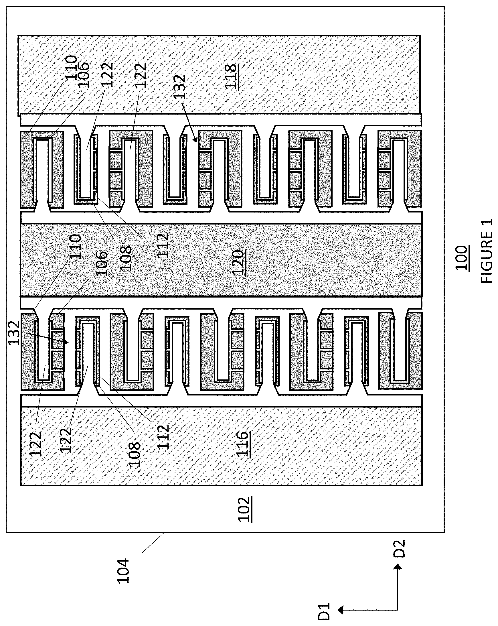 Patent US11776996 Figure 1 – ESD protection device with isolation structure layout that minimizes harmonic distortion