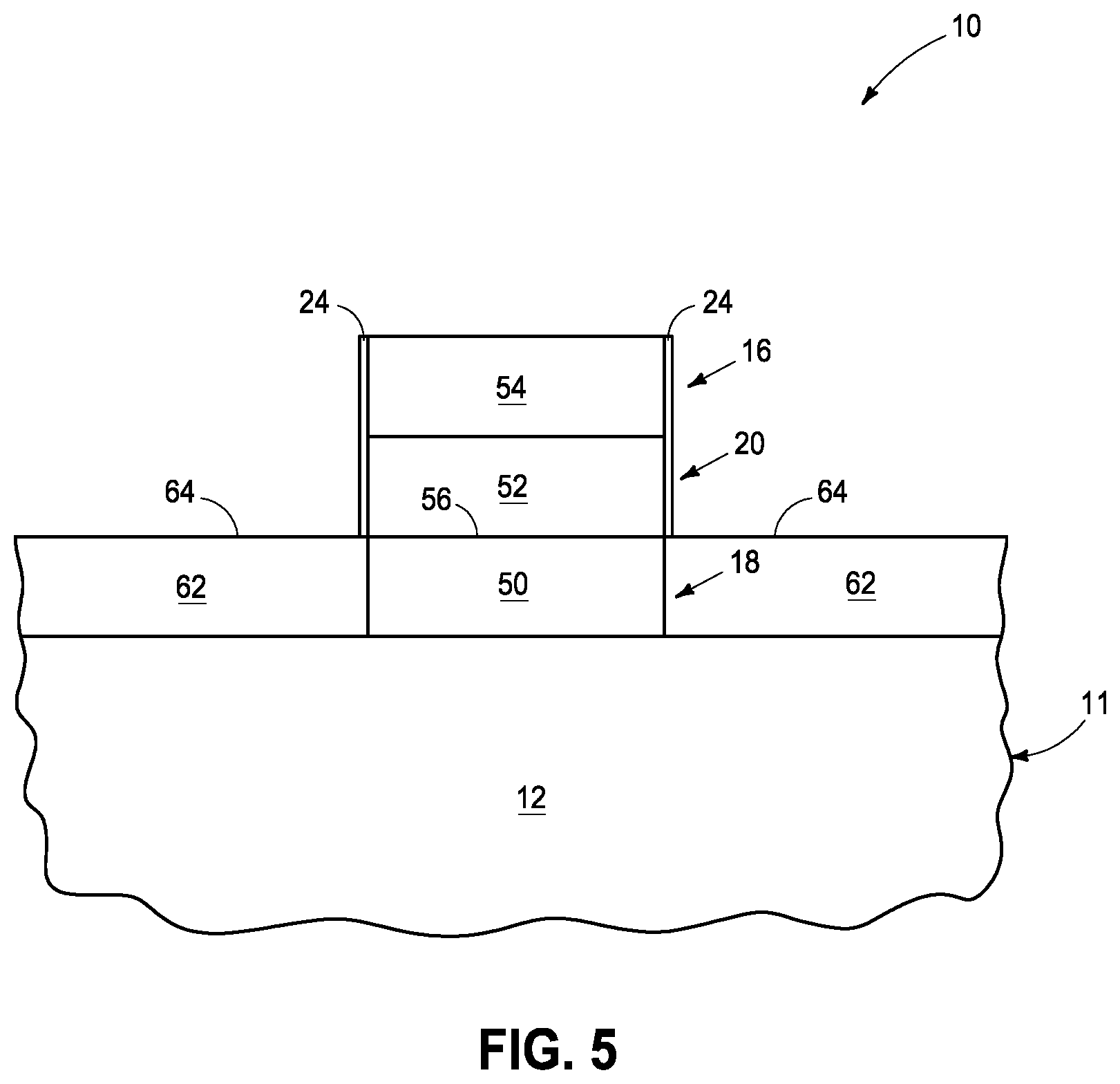 Patent US11777011 Figure 5 – Integrated circuitry, method used in the fabrication of a vertical transistor, and method used in the fabrication of integrated circuitry
