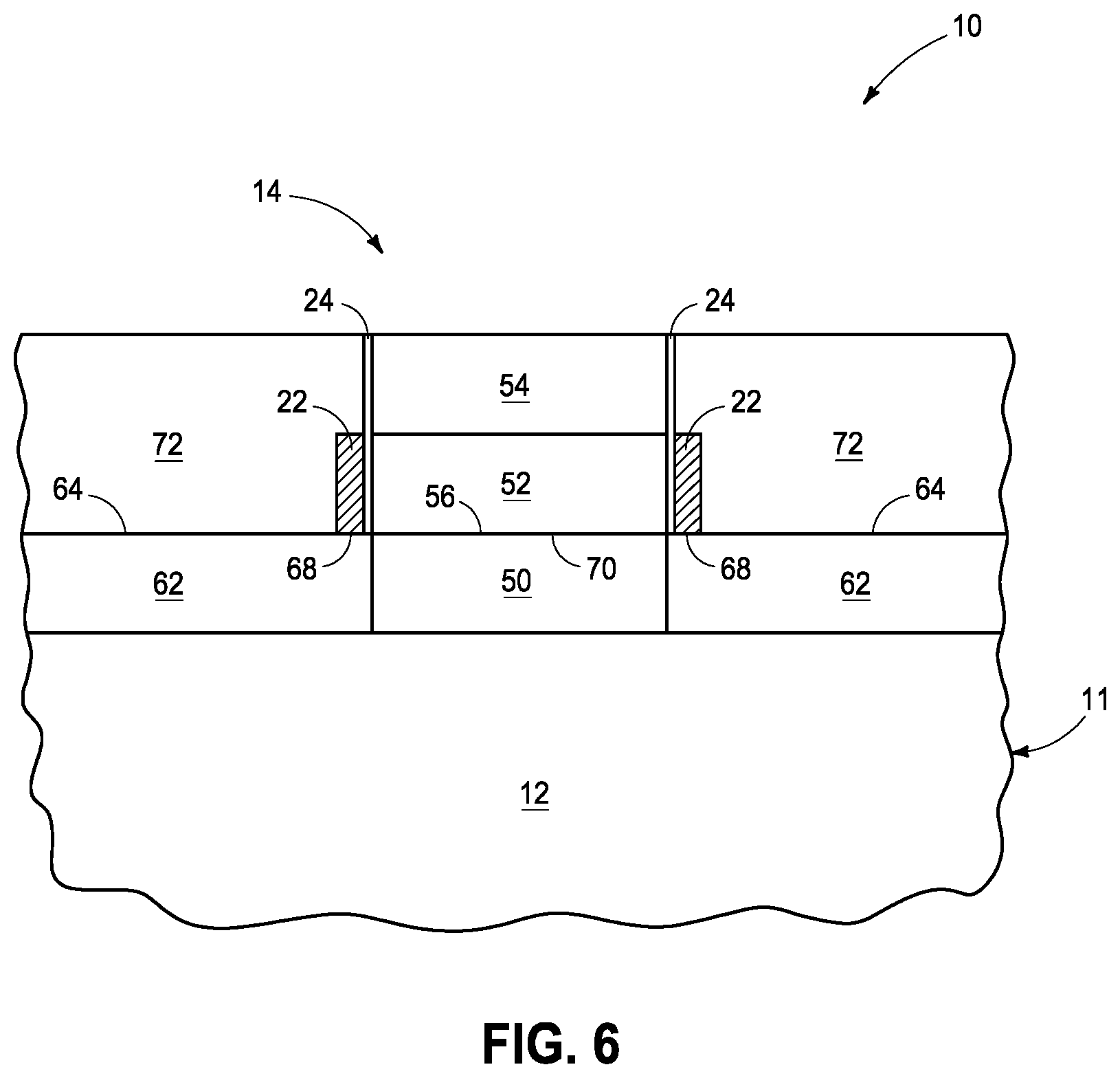 Patent US11777011 Figure 6 – Integrated circuitry, method used in the fabrication of a vertical transistor, and method used in the fabrication of integrated circuitry