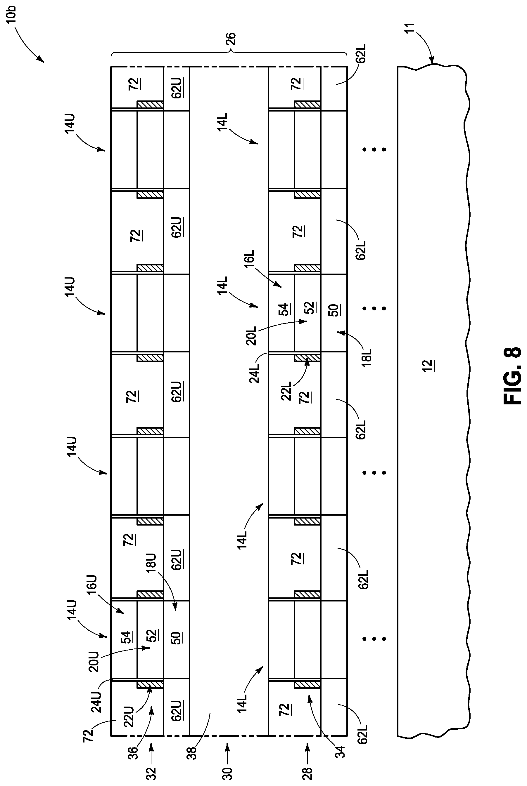 Patent US11777011 Figure 8 – Integrated circuitry, method used in the fabrication of a vertical transistor, and method used in the fabrication of integrated circuitry