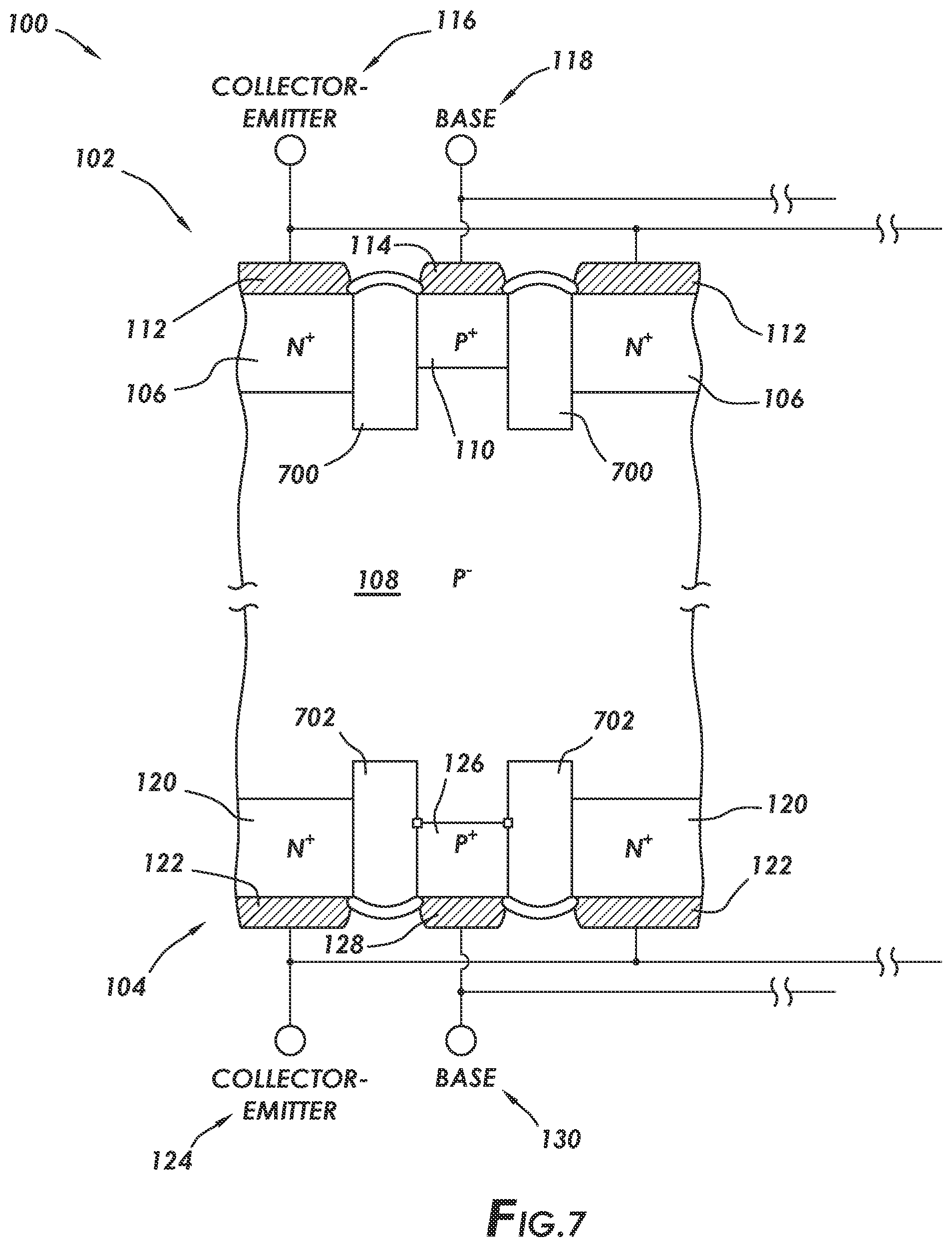 Patent US11777018 Figure 7 – Layout to reduce current crowding at endpoints