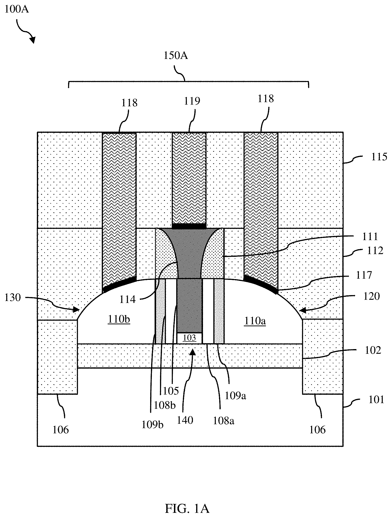 Patent US11777019 Figure 1 – Lateral heterojunction bipolar transistor with improved breakdown voltage and method