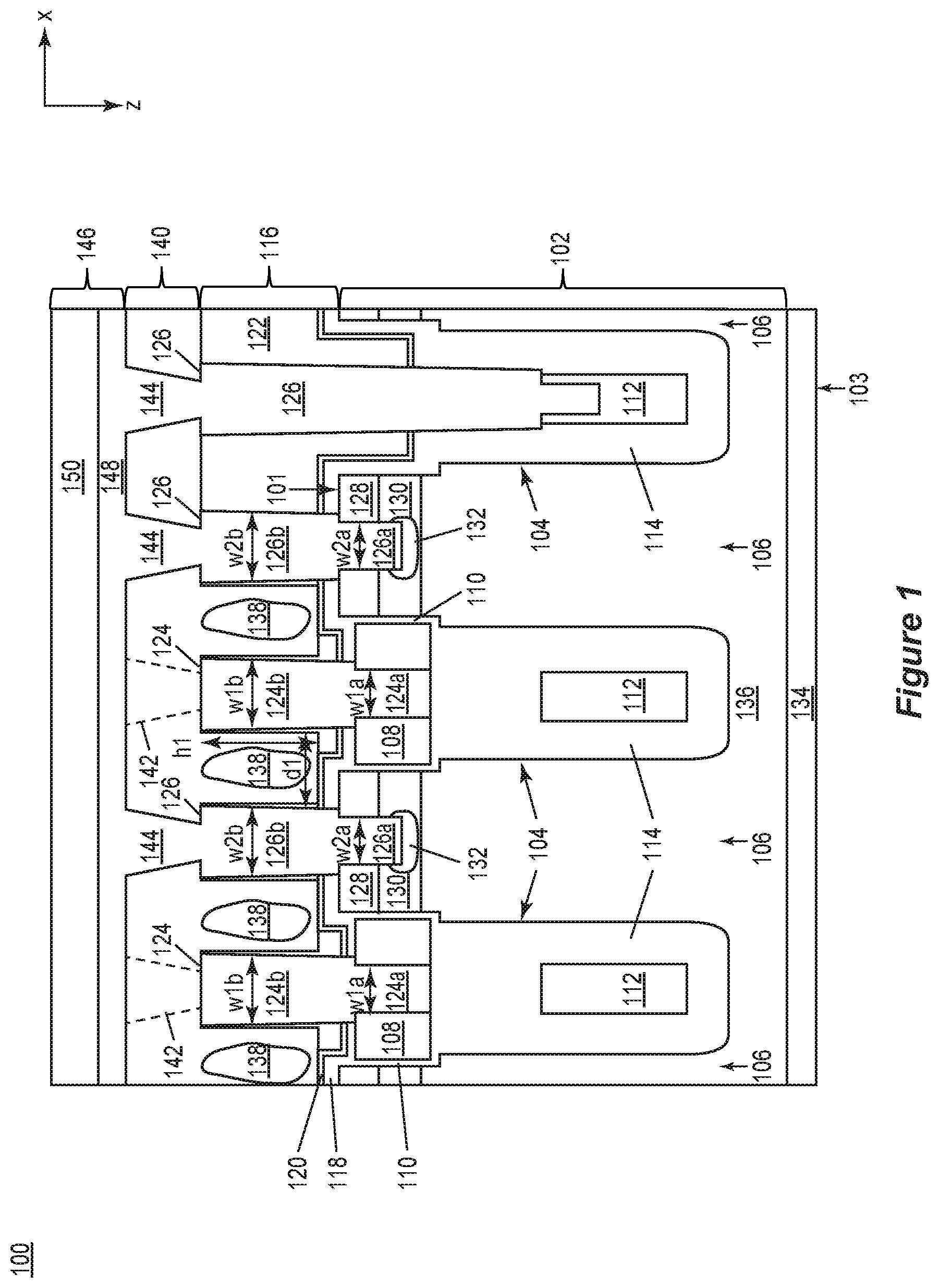 Patent US11777026 Figure 1 – Power semiconductor device having low-k dielectric gaps between adjacent metal contacts