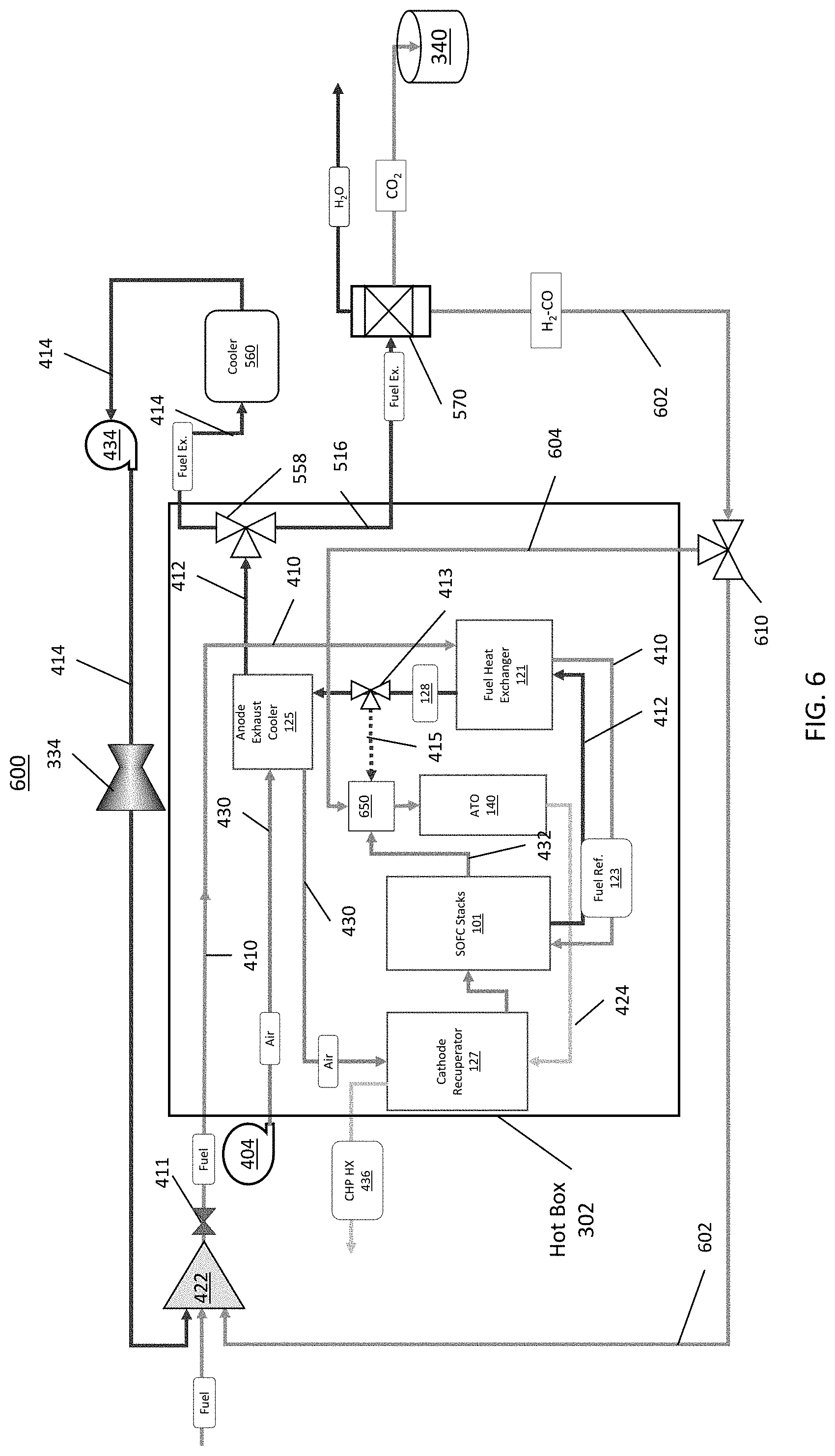Patent US11777125 Figure 7 – Solid oxide fuel cell system with hydrogen pumping cell with carbon monoxide tolerant anodes and integrated shift reactor