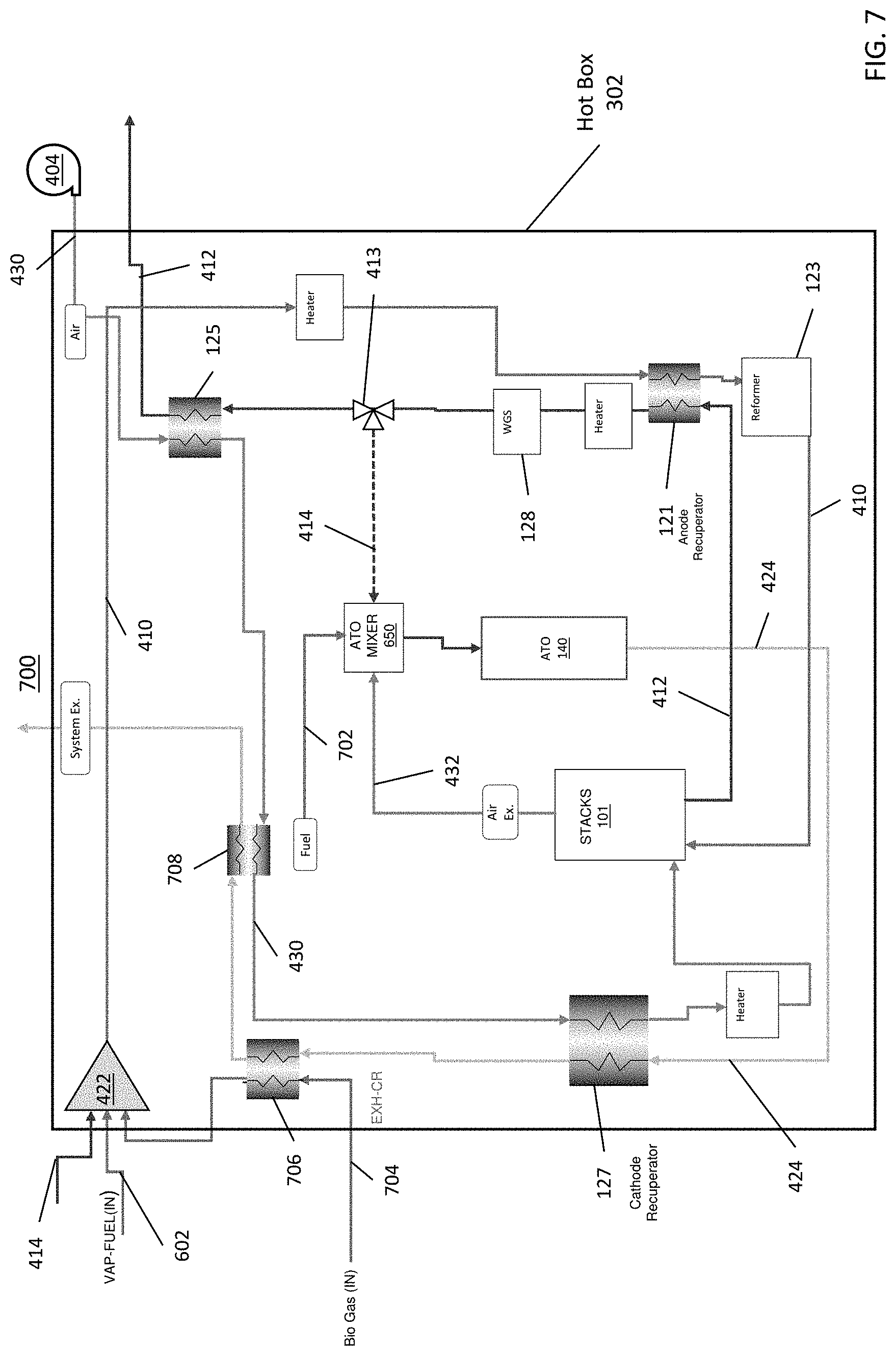 Patent US11777125 Figure 8 – Solid oxide fuel cell system with hydrogen pumping cell with carbon monoxide tolerant anodes and integrated shift reactor