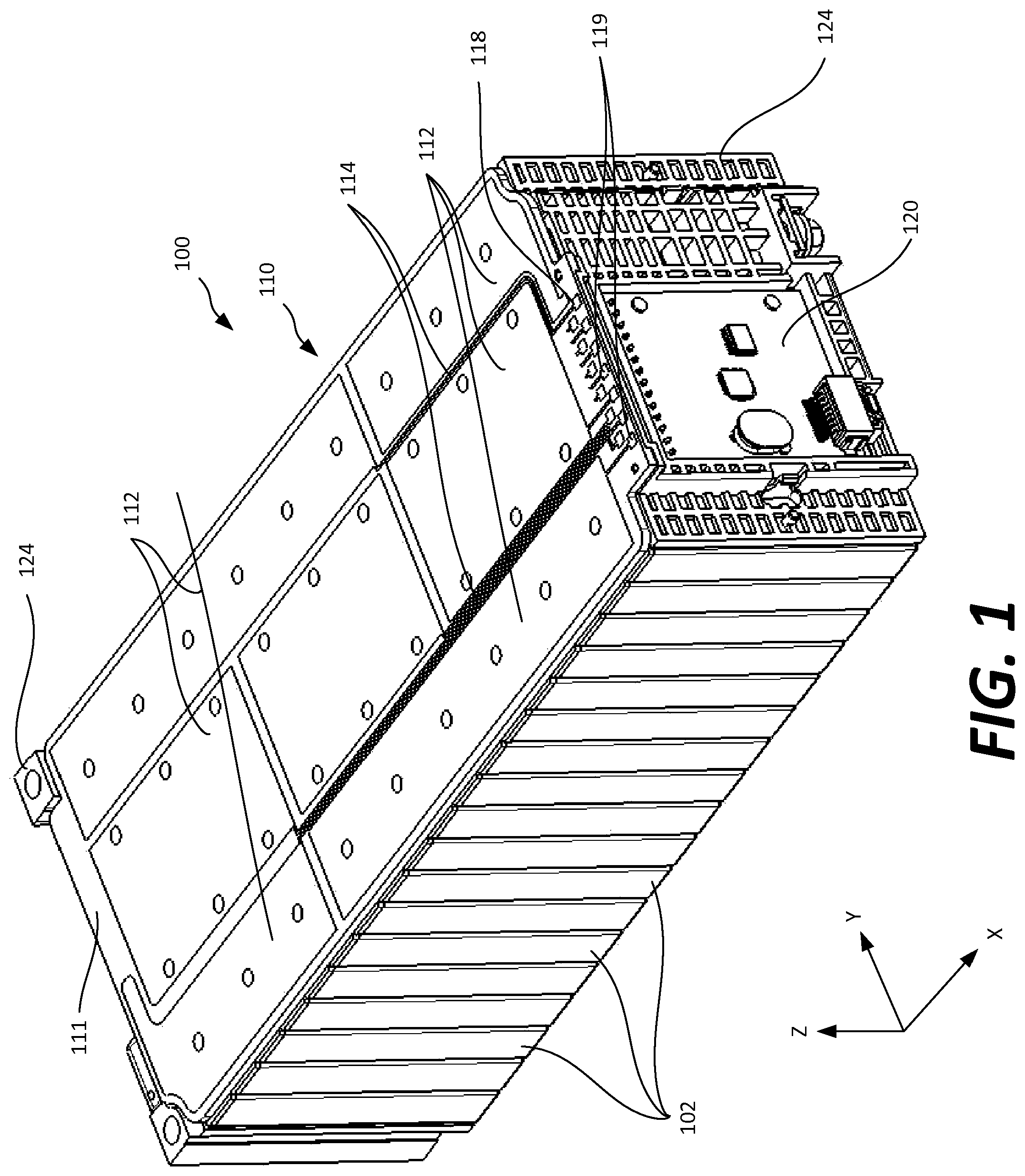 Patent US11777153 Figure 1 – Thermal and electrical management of battery packs