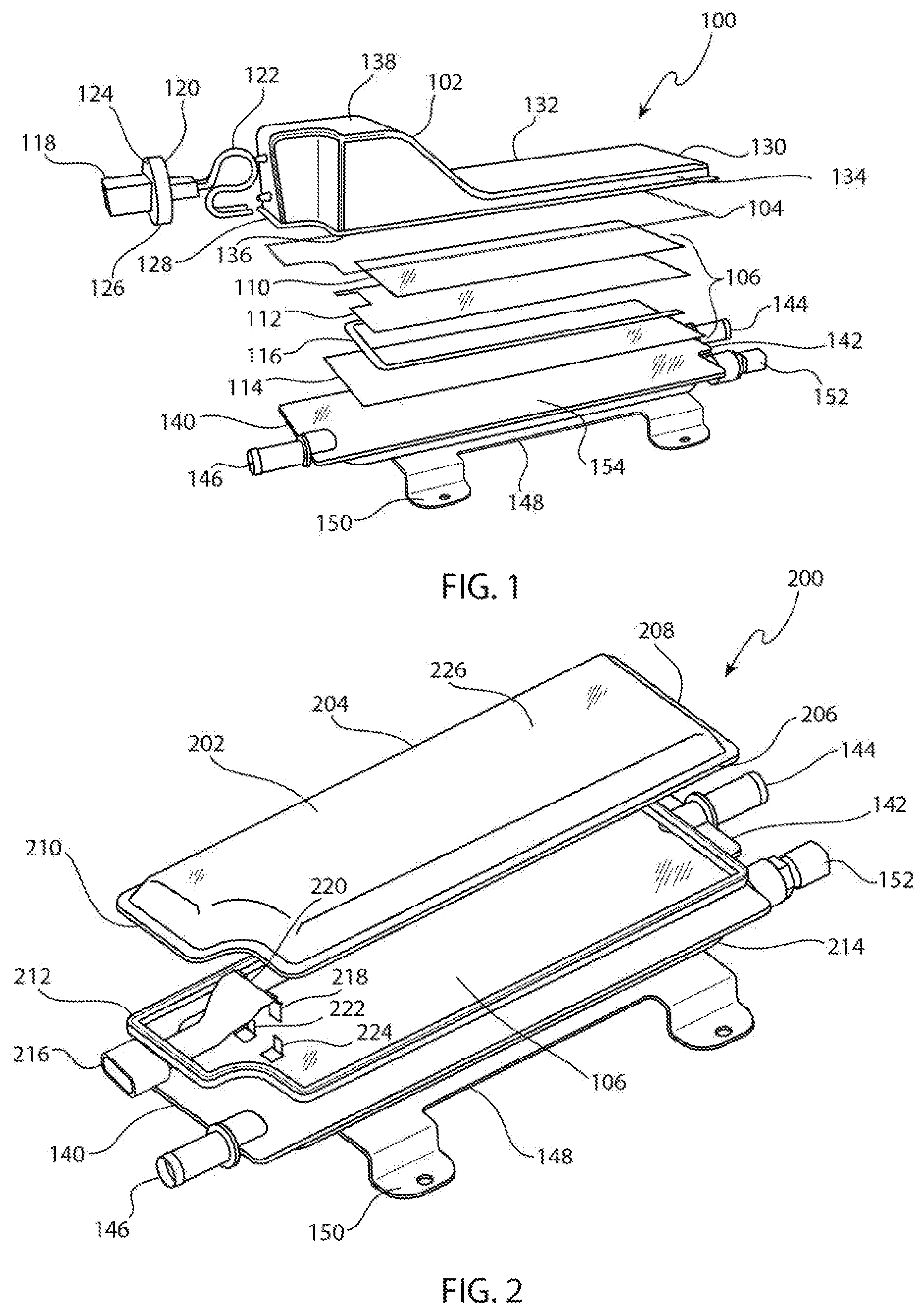 Patent US11777160 Figure 1 – Electric vehicle battery coolant heater assembly with electrical connection through gasket