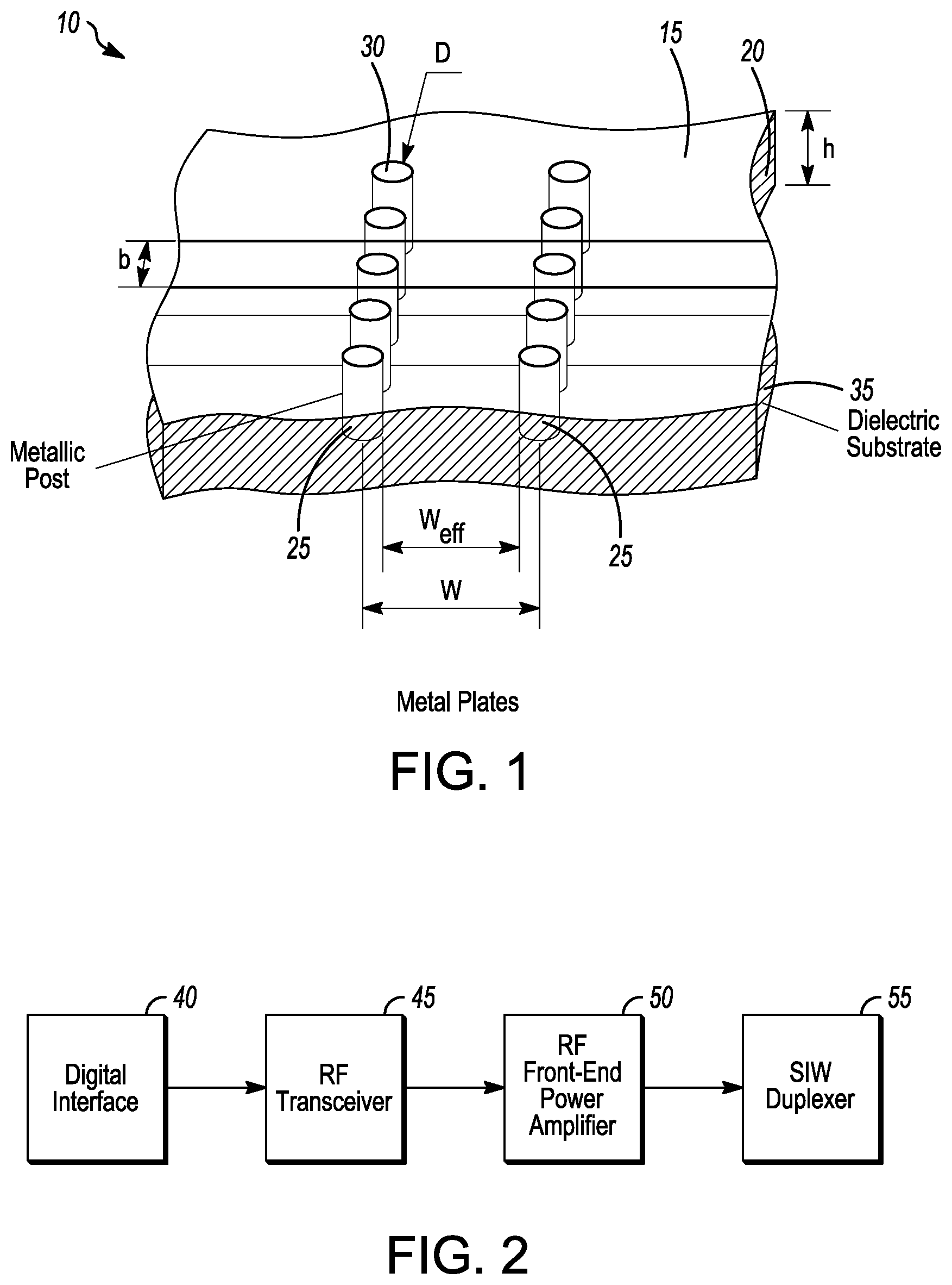 Patent US11777186 Figure 1 – Front-end module comprising front-end components and a substrate integrated waveguide filter formed on a printed circuit board