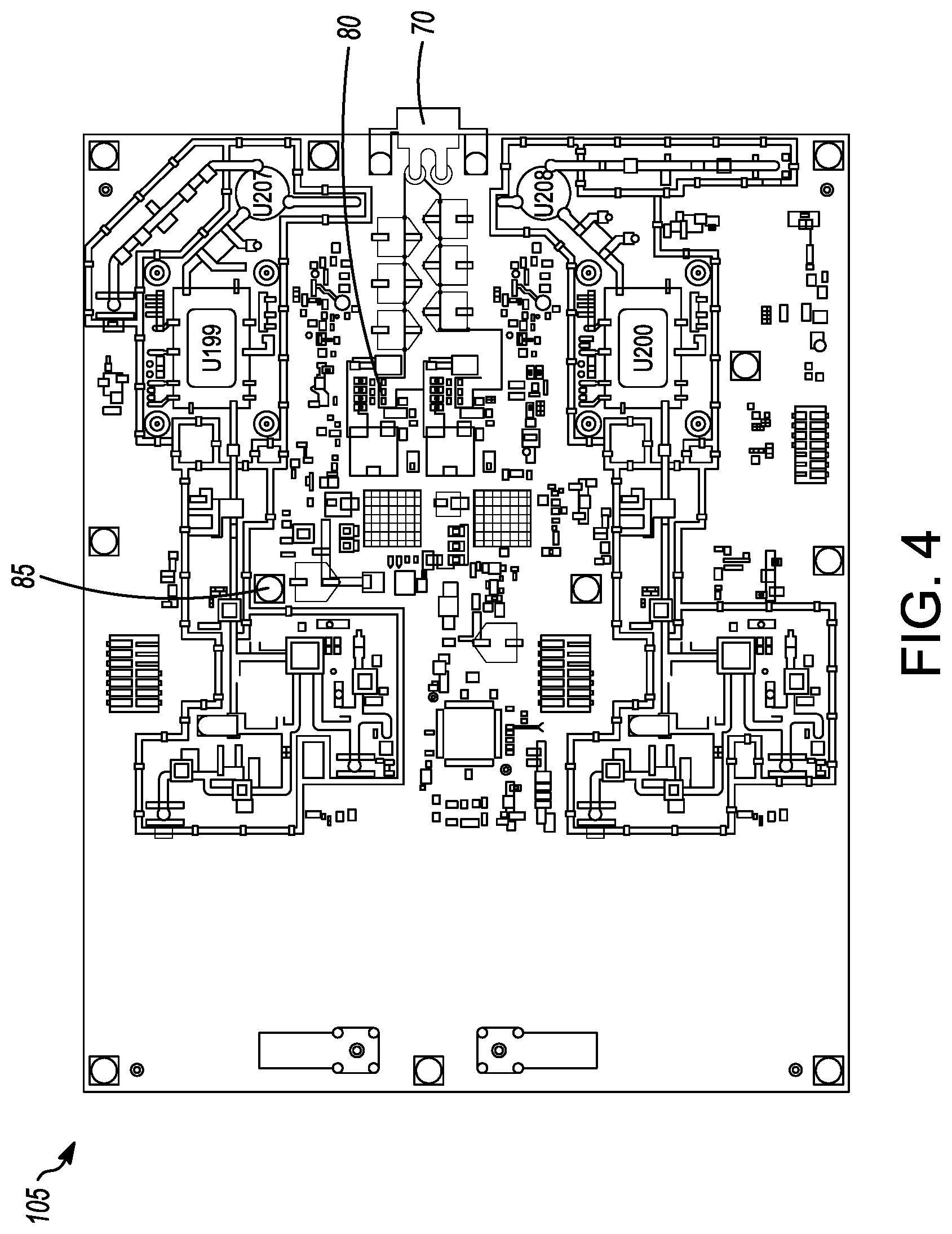 Patent US11777186 Figure 3 – Front-end module comprising front-end components and a substrate integrated waveguide filter formed on a printed circuit board
