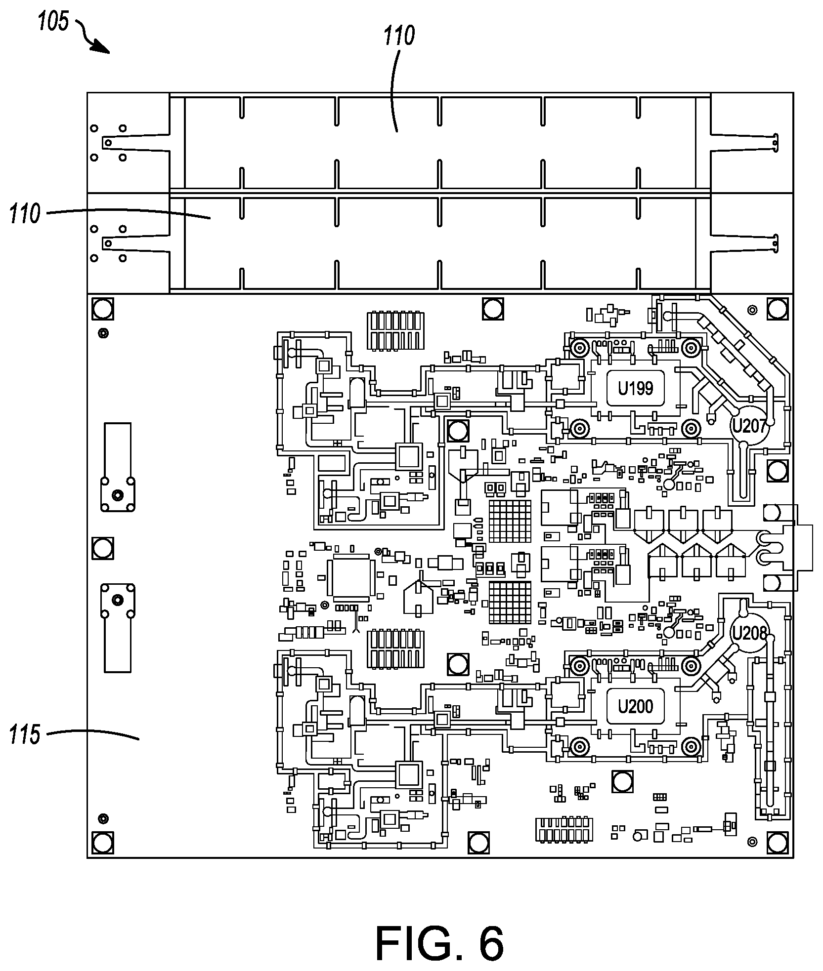 Patent US11777186 Figure 5 – Front-end module comprising front-end components and a substrate integrated waveguide filter formed on a printed circuit board