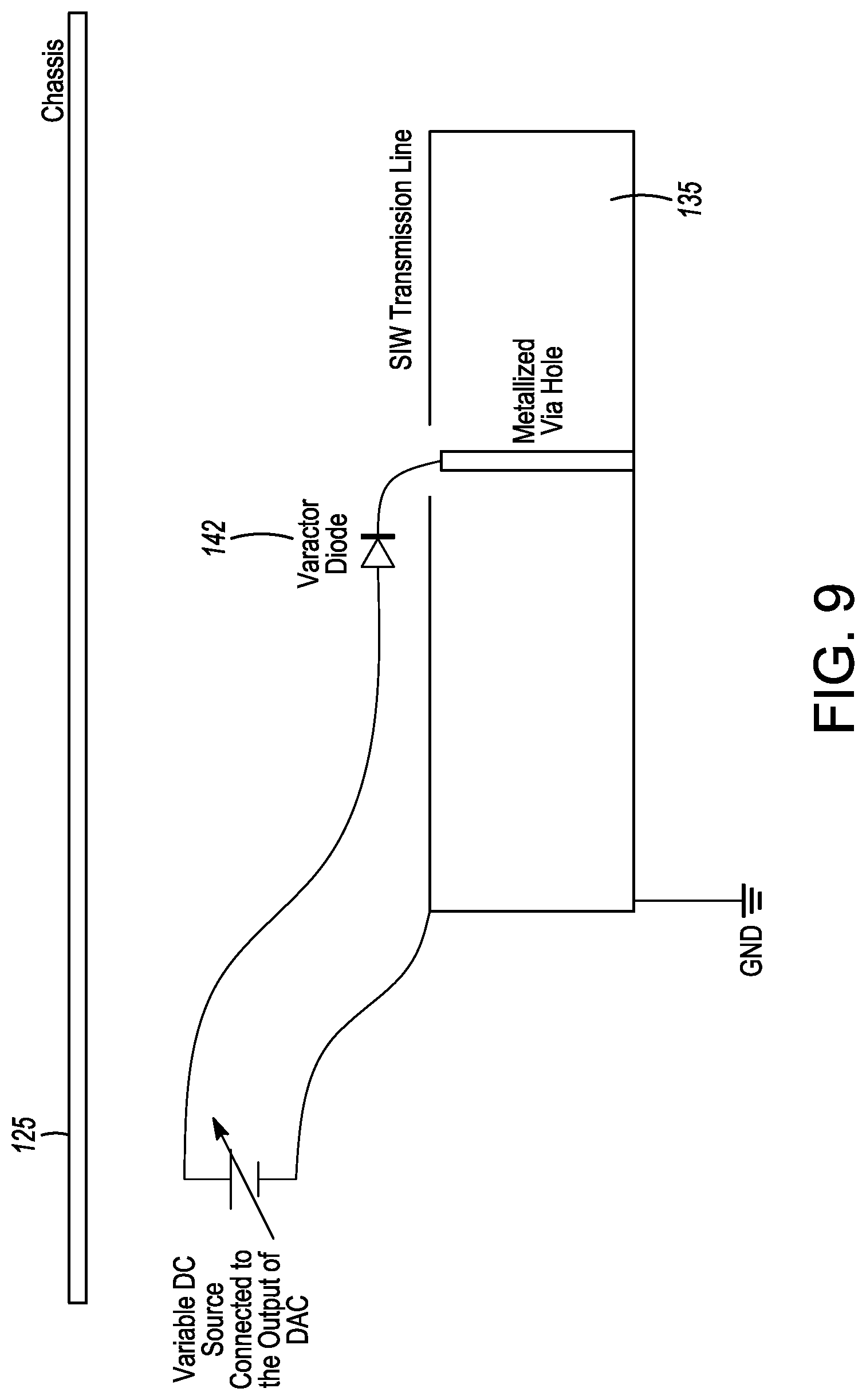 Patent US11777186 Figure 8 – Front-end module comprising front-end components and a substrate integrated waveguide filter formed on a printed circuit board