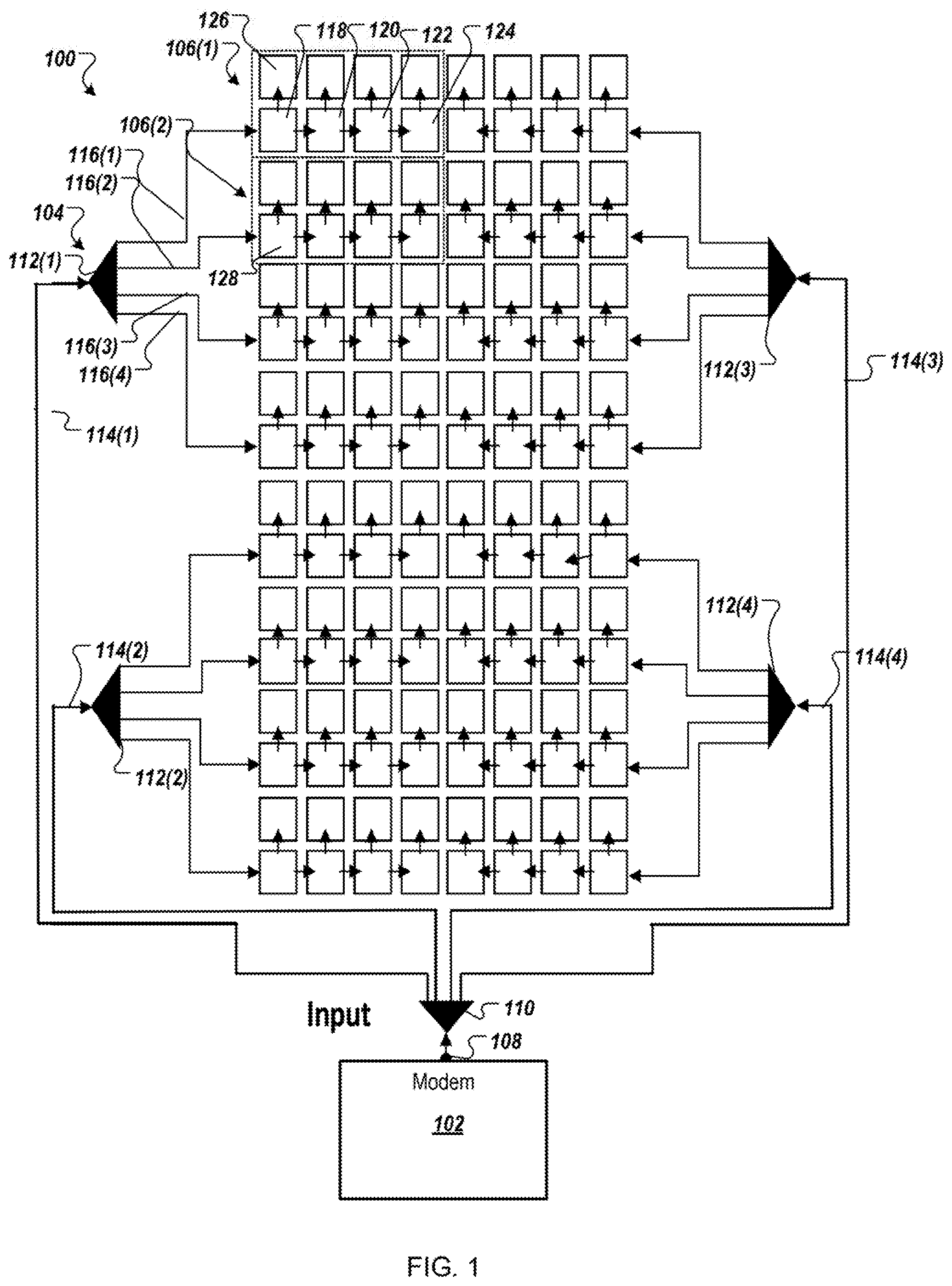 Patent US11777209 Figure 1 – Phased array antenna using series-fed sub-arrays