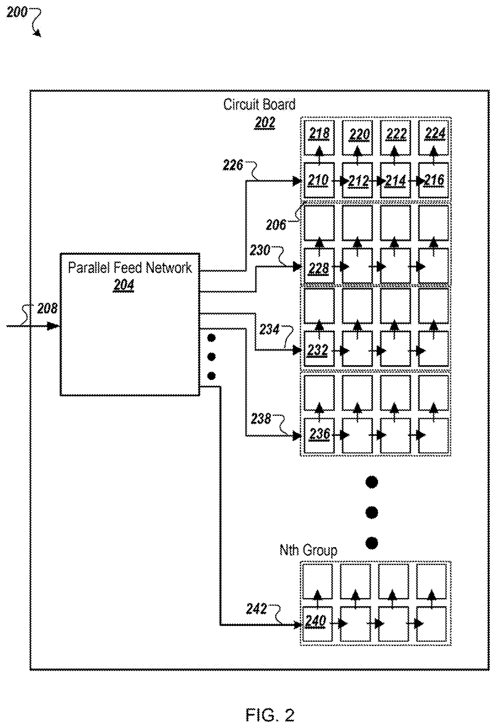 Patent US11777209 Figure 2 – Phased array antenna using series-fed sub-arrays
