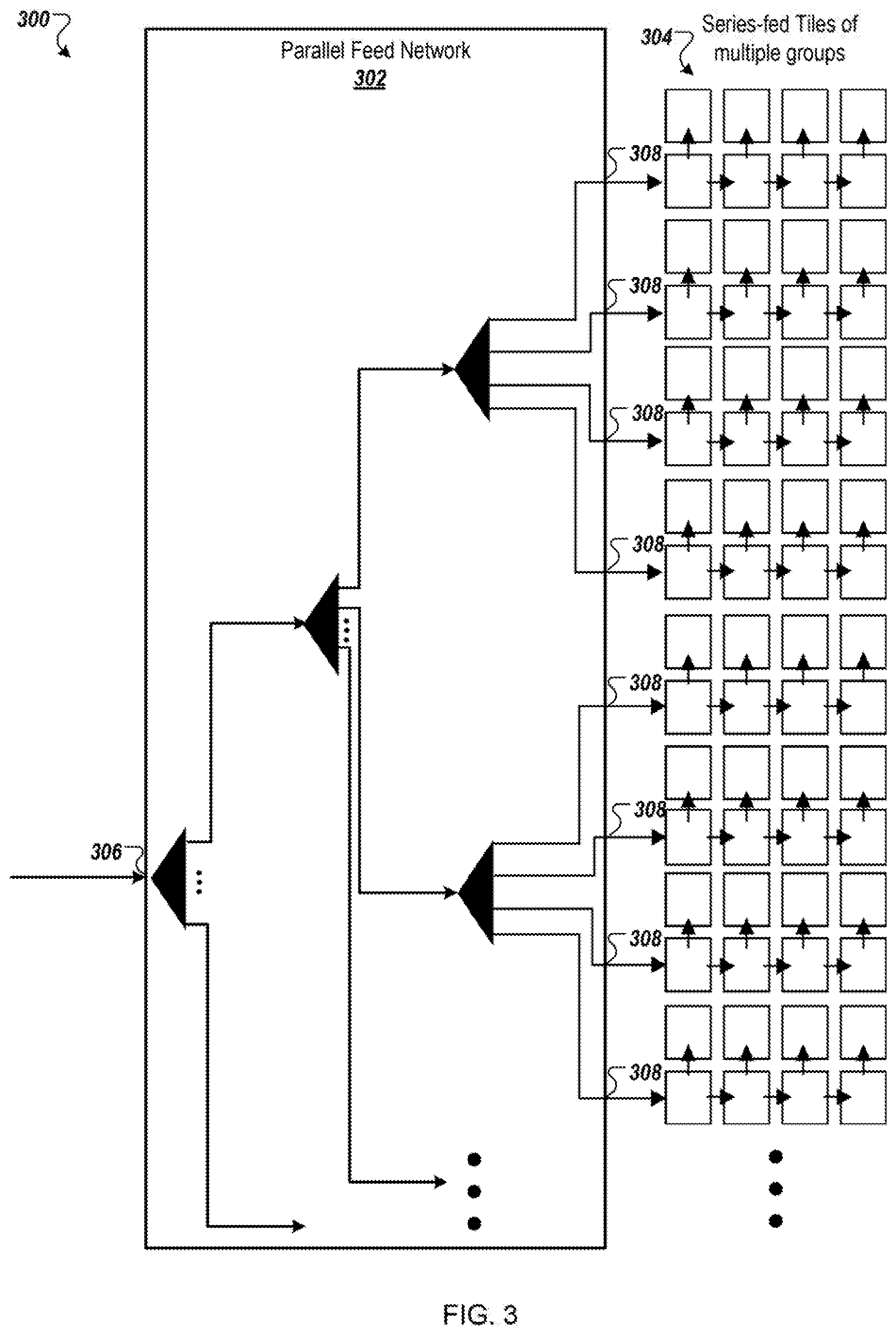 Patent US11777209 Figure 3 – Phased array antenna using series-fed sub-arrays