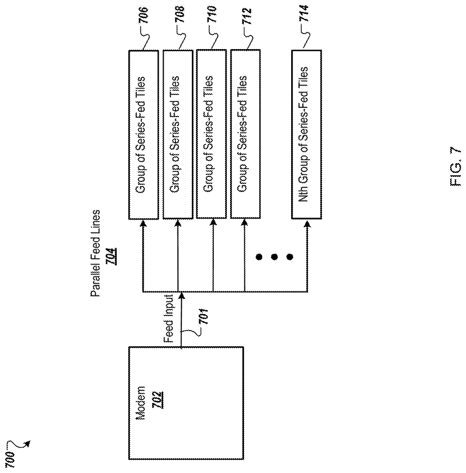 Patent US11777209 Figure 8 – Phased array antenna using series-fed sub-arrays