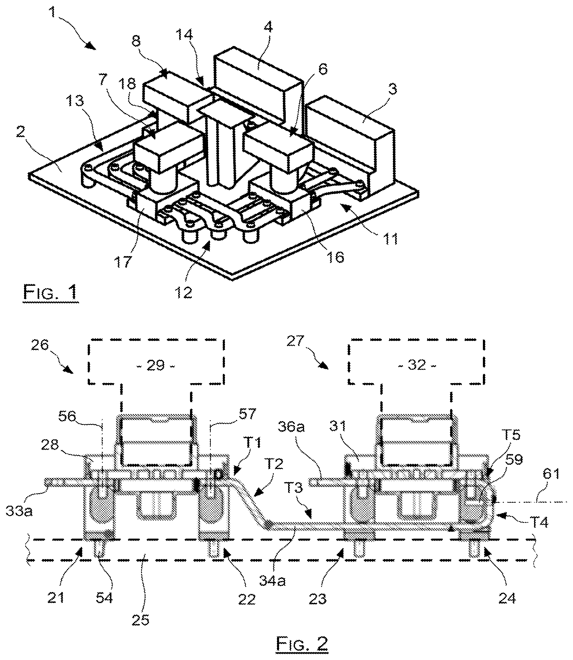 Patent US11777235 Figure 1 – Electrical distribution module comprising pedestals jointly supporting power bars and power components