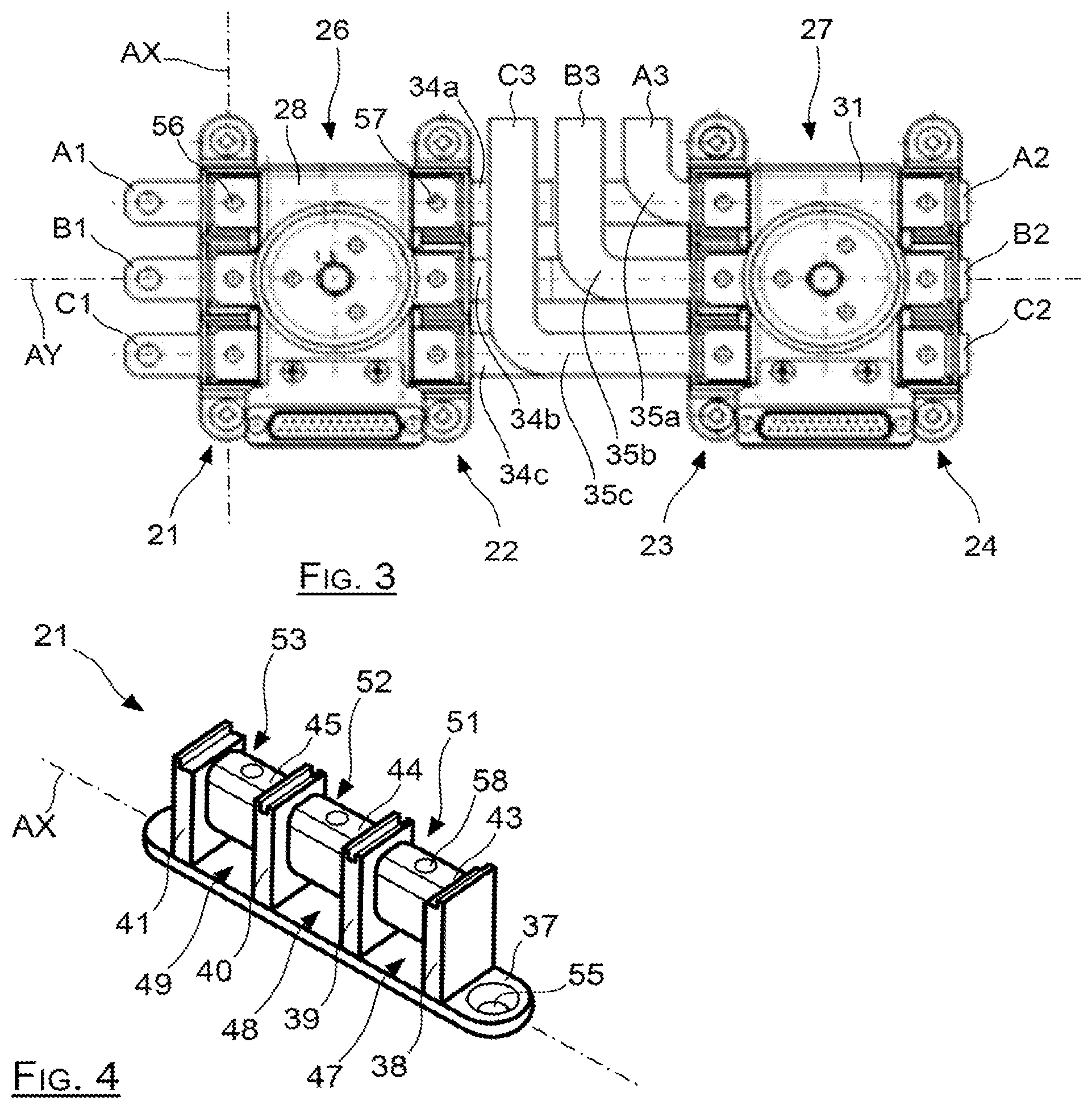 Patent US11777235 Figure 2 – Electrical distribution module comprising pedestals jointly supporting power bars and power components