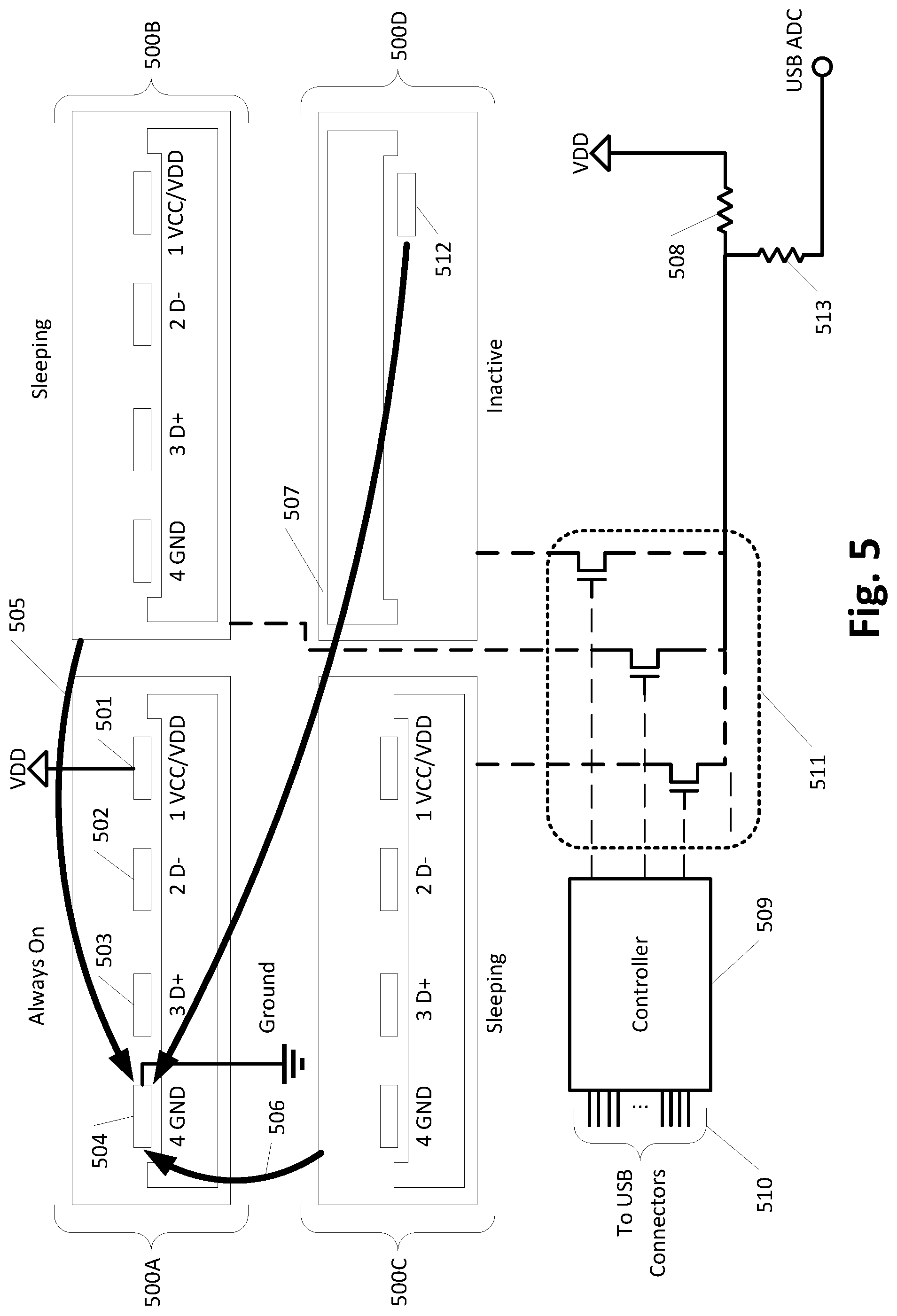 Patent US11777237 Figure 5 – Disconnecting power from external USB connectors of conformable wearable battery packs in the presence of conducting fluids