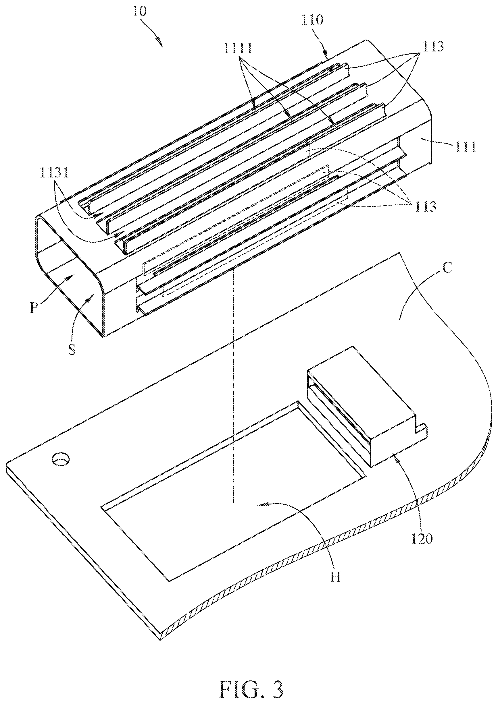 Patent US11777238 Figure 3 – Receptacle assembly, interface card, and electronic device having the same