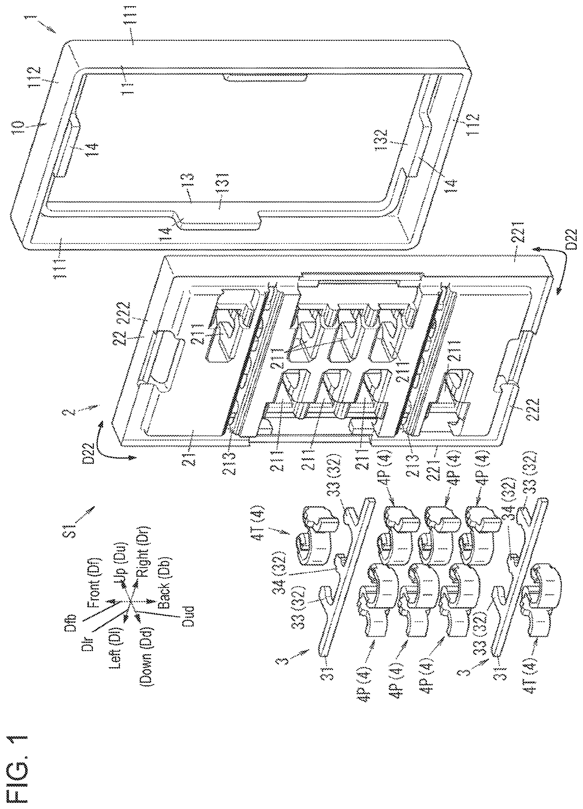 Patent US11777259 Figure 1 – Electrical connector with protrusions on the outer peripheral wall of the shield and device using the same