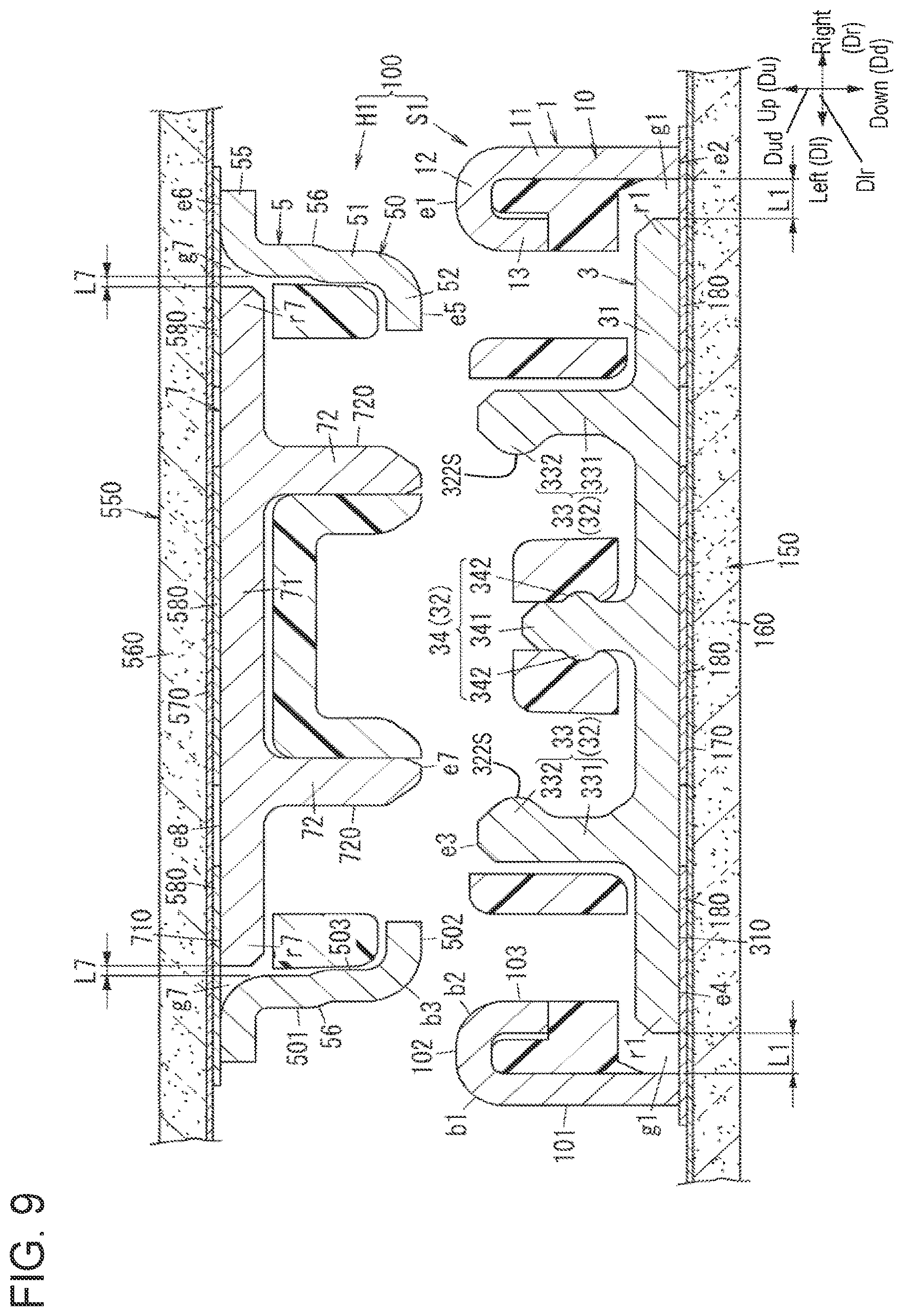 Patent US11777259 Figure 9 – Electrical connector with protrusions on the outer peripheral wall of the shield and device using the same