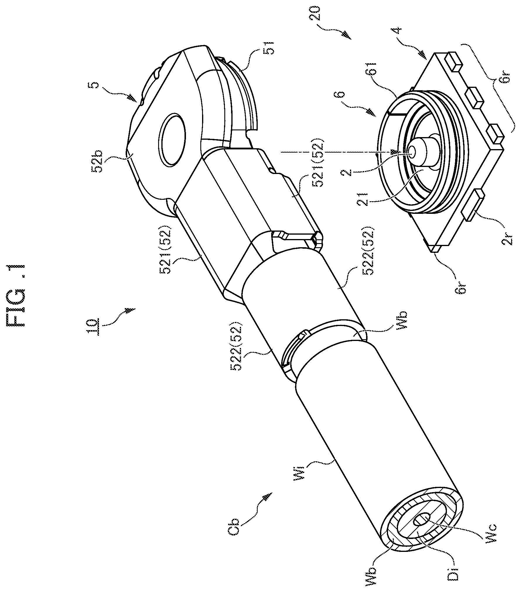 Patent US11777263 Figure 1 – Coaxial connector including crimp housing