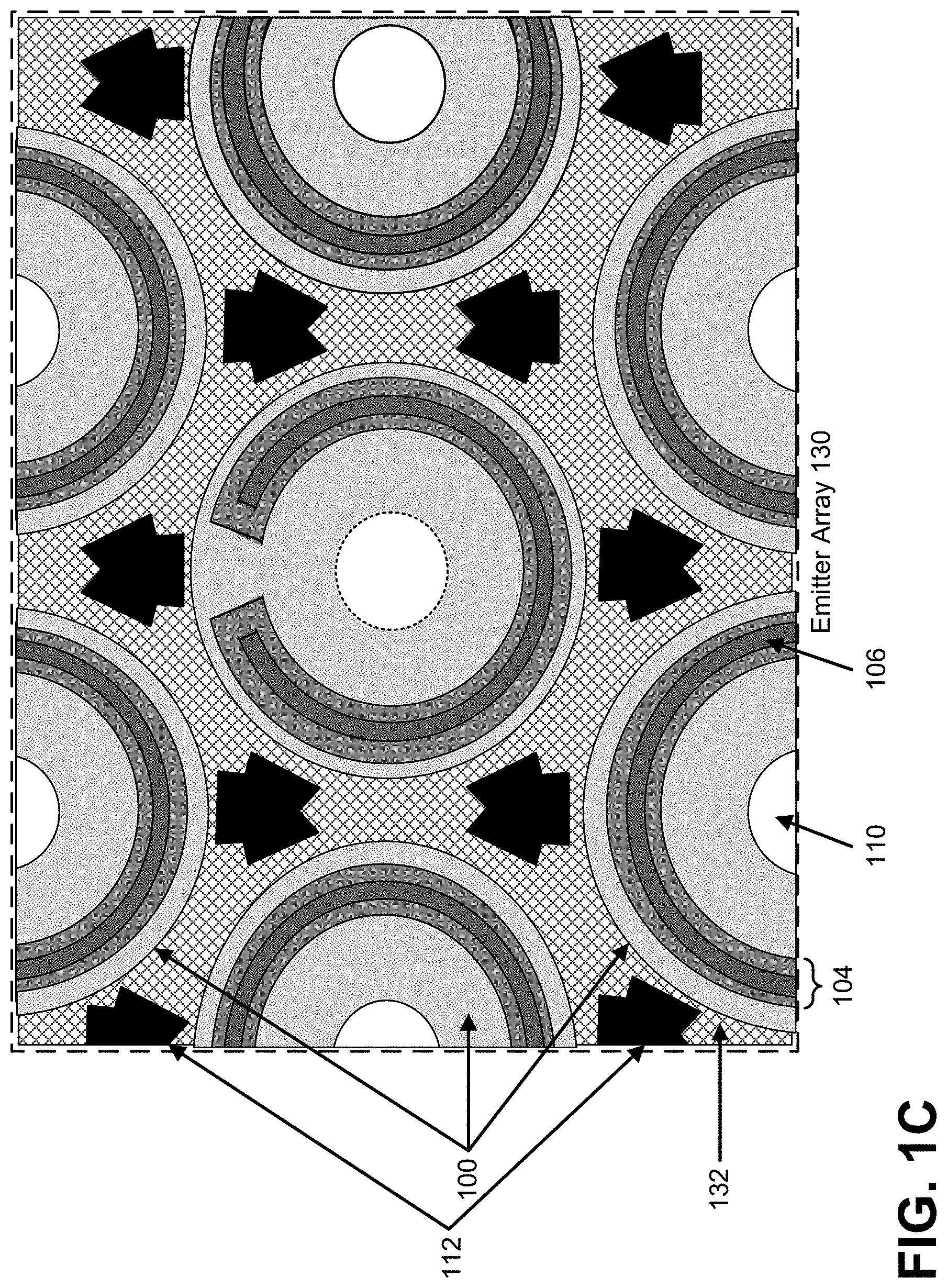 Patent US11777280 Figure 2 – Emitter array with shared via to an ohmic metal shared between adjacent emitters