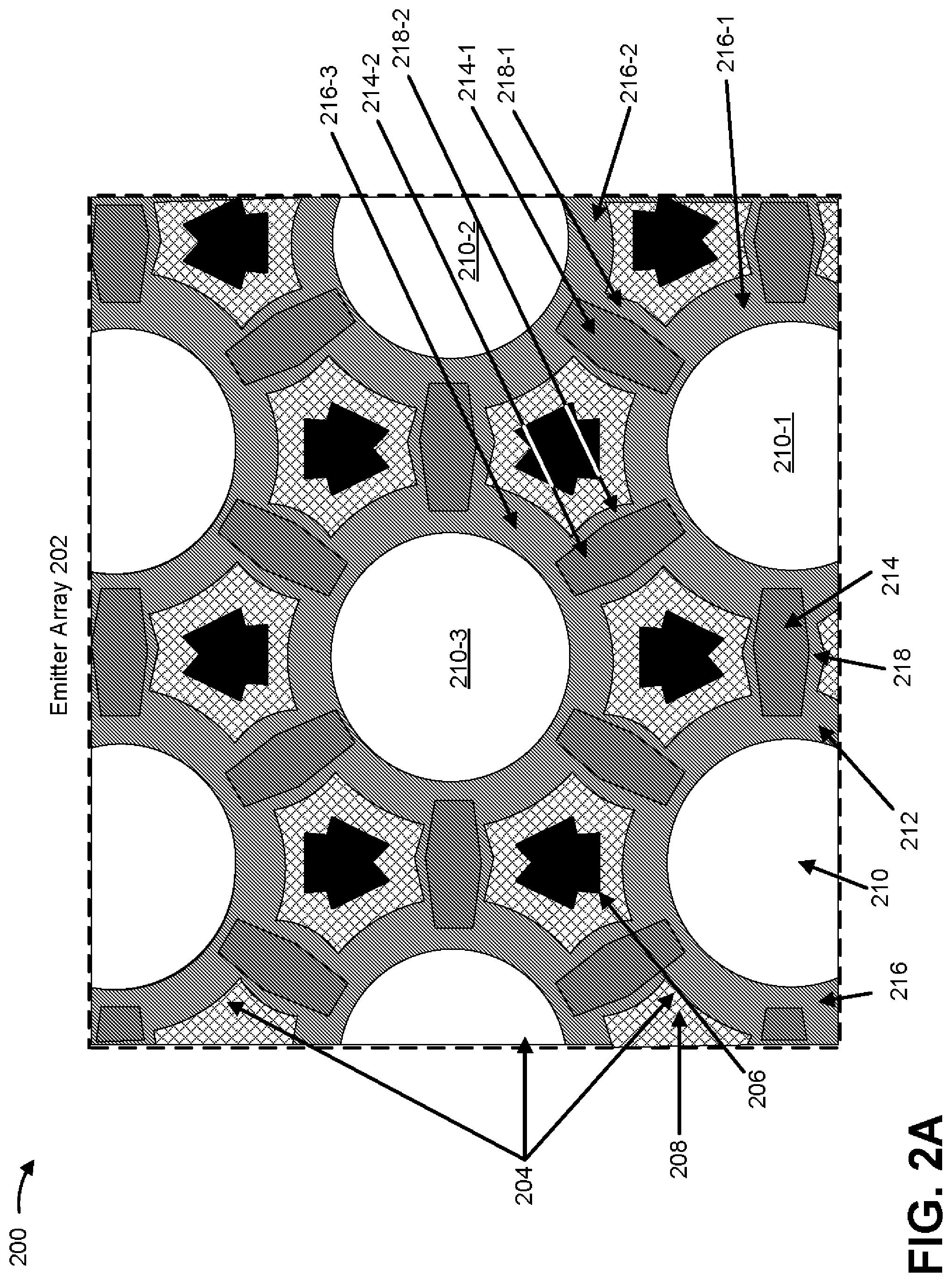 Patent US11777280 Figure 3 – Emitter array with shared via to an ohmic metal shared between adjacent emitters