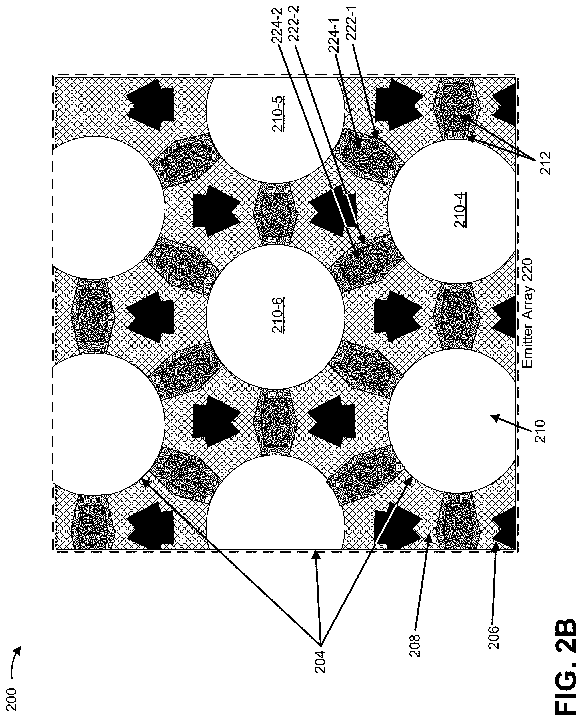 Patent US11777280 Figure 4 – Emitter array with shared via to an ohmic metal shared between adjacent emitters
