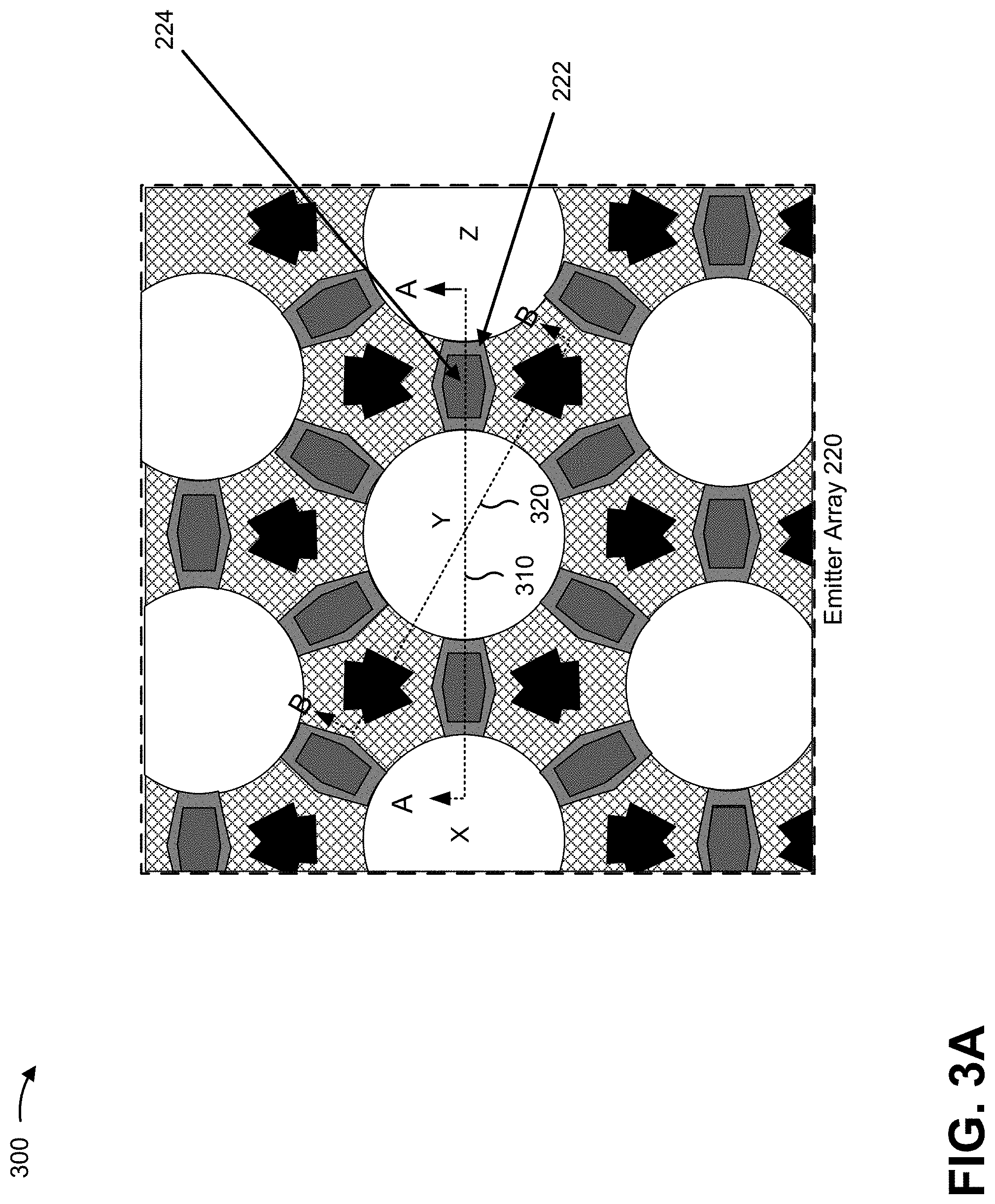 Patent US11777280 Figure 5 – Emitter array with shared via to an ohmic metal shared between adjacent emitters