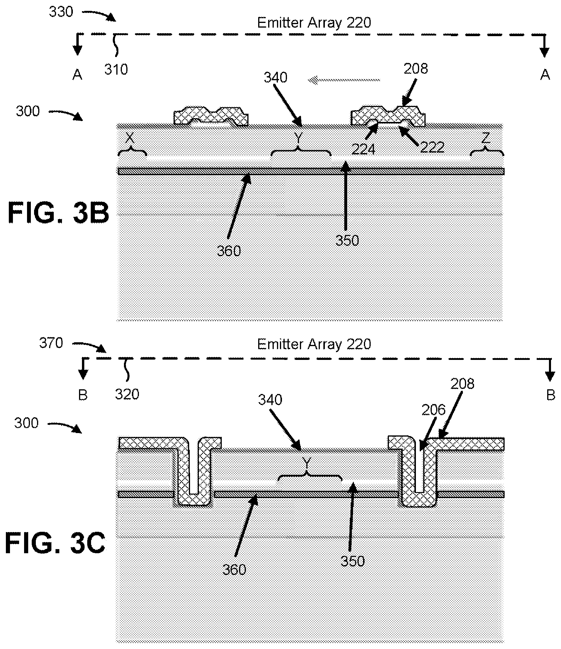Patent US11777280 Figure 6 – Emitter array with shared via to an ohmic metal shared between adjacent emitters