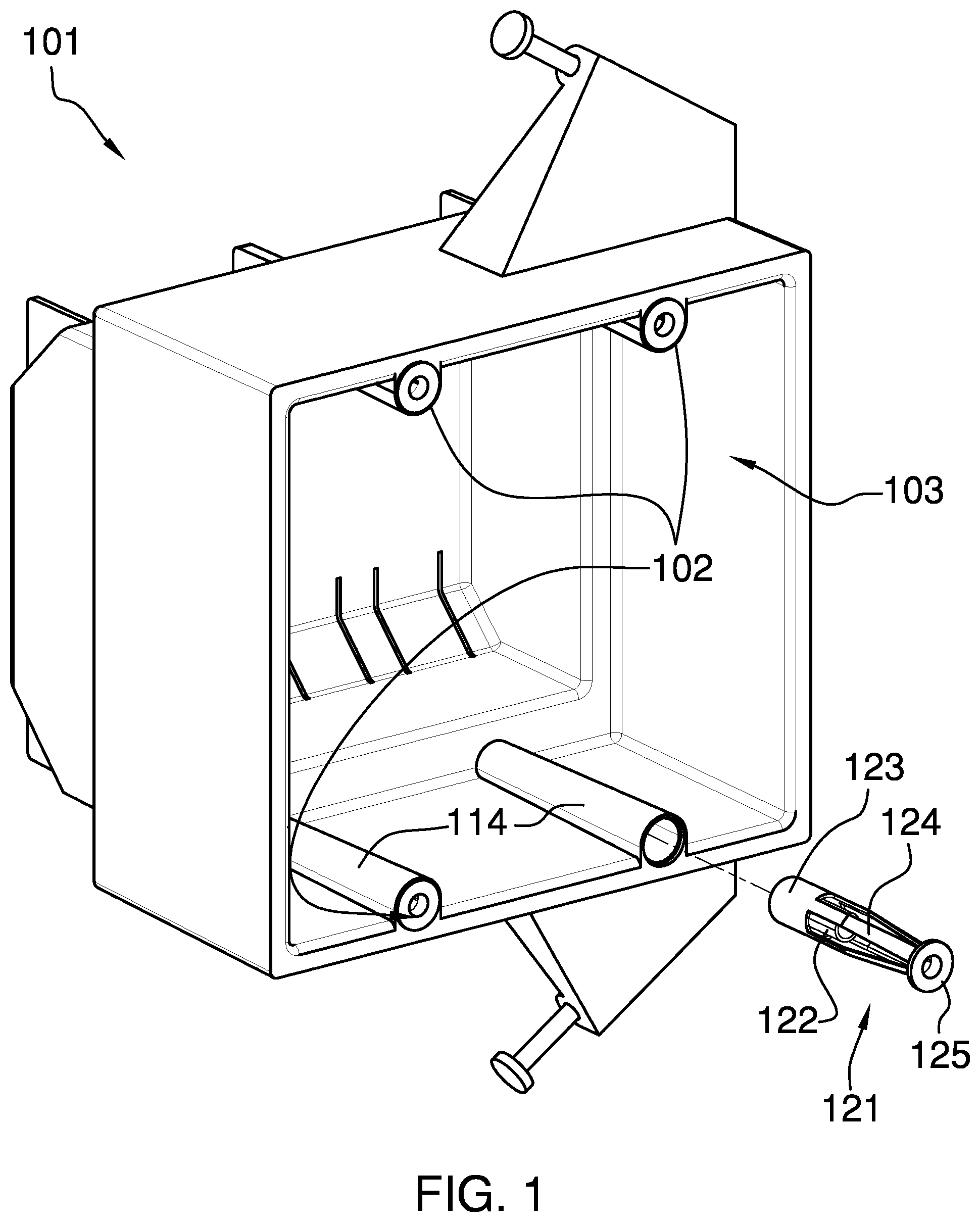 Patent US11777290 Figure 1 – Plastic gang box with metal threaded nut attachment