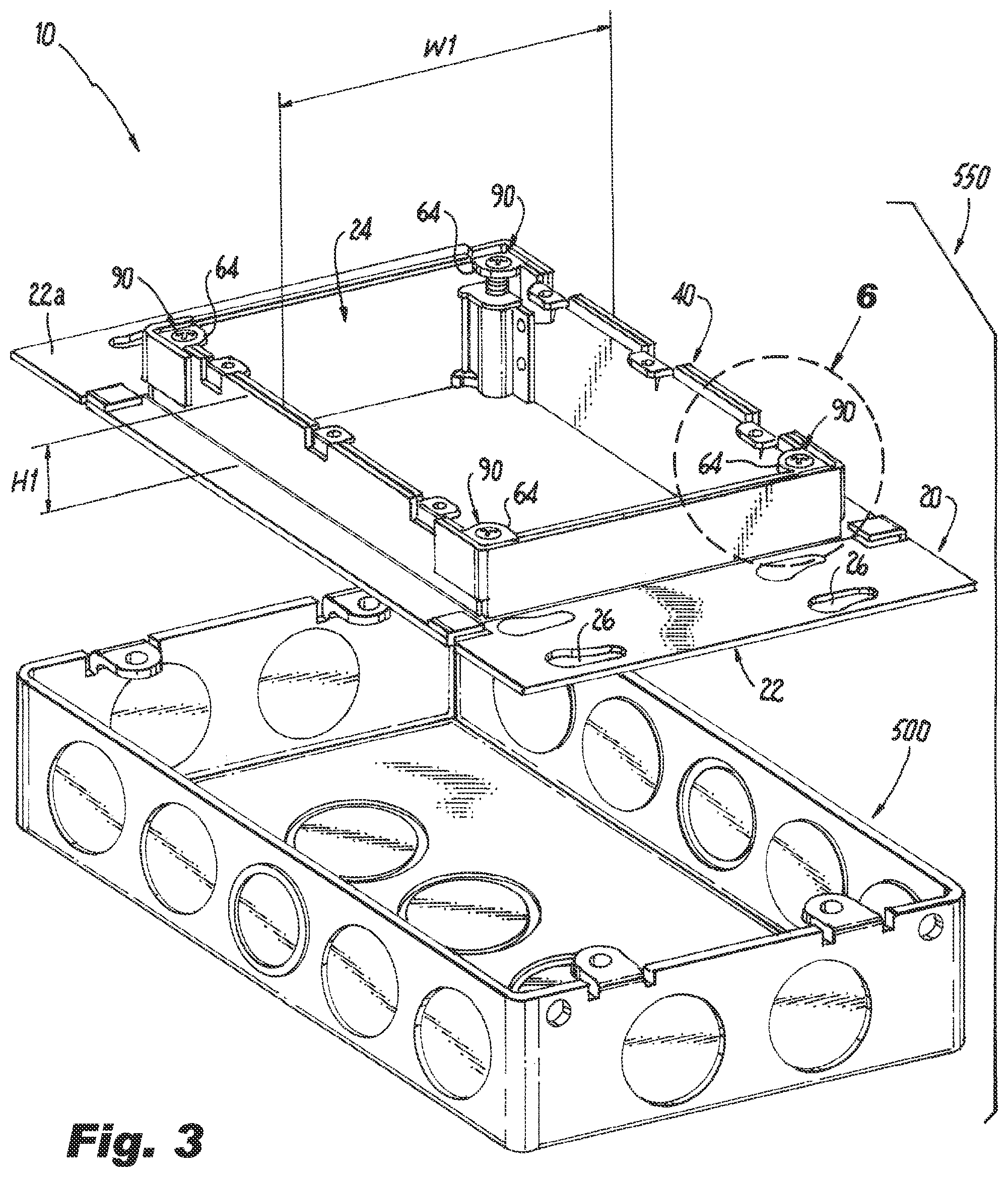 Patent US11777294 Figure 3 – Multi-gang adjustable mud ring assemblies